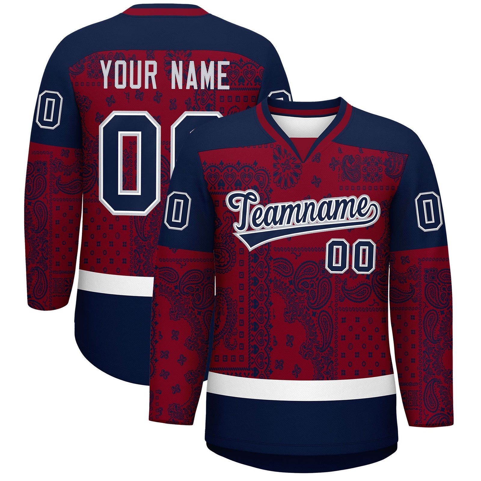 Custom Navy Crimson White Cashew Flower Graffiti Pattern V-Neck Hockey Jersey| KXKSHOP