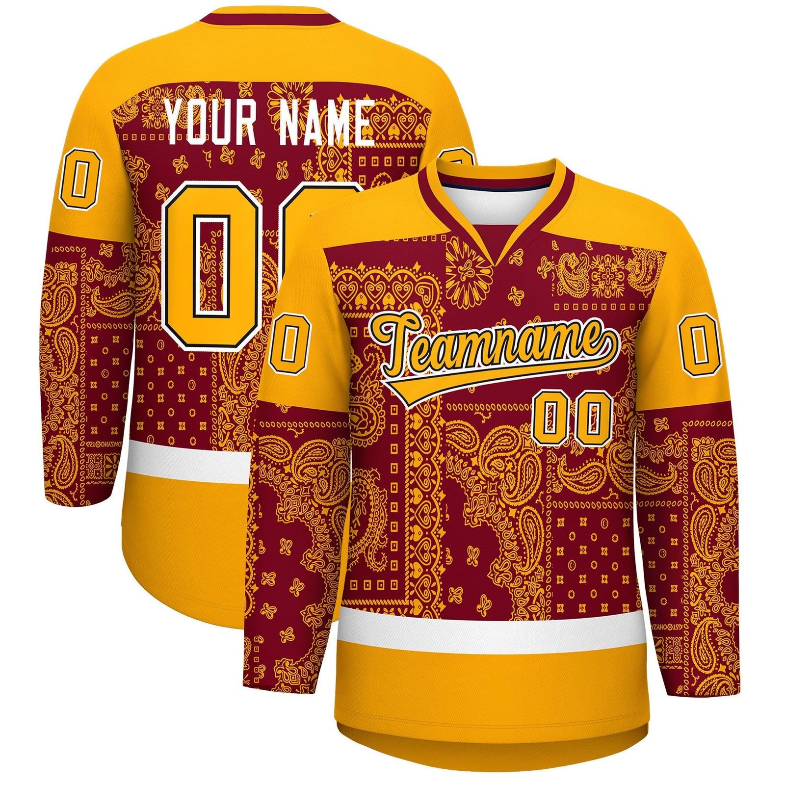 Custom Yellow Crimson White Cashew Flower Graffiti Pattern V-Neck Hockey Jersey| KXKSHOP