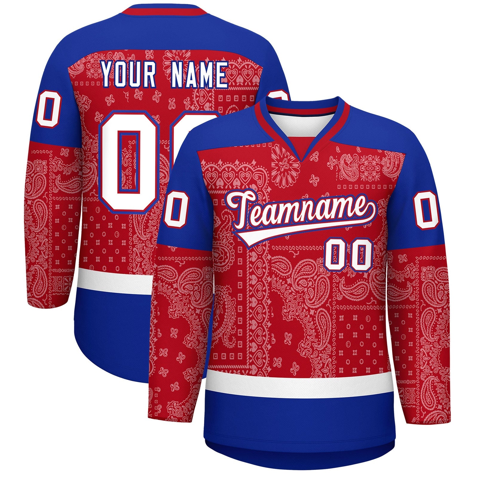 Custom Royal White Red Cashew Flower Graffiti Pattern V-Neck Hockey Jersey| KXKSHOP