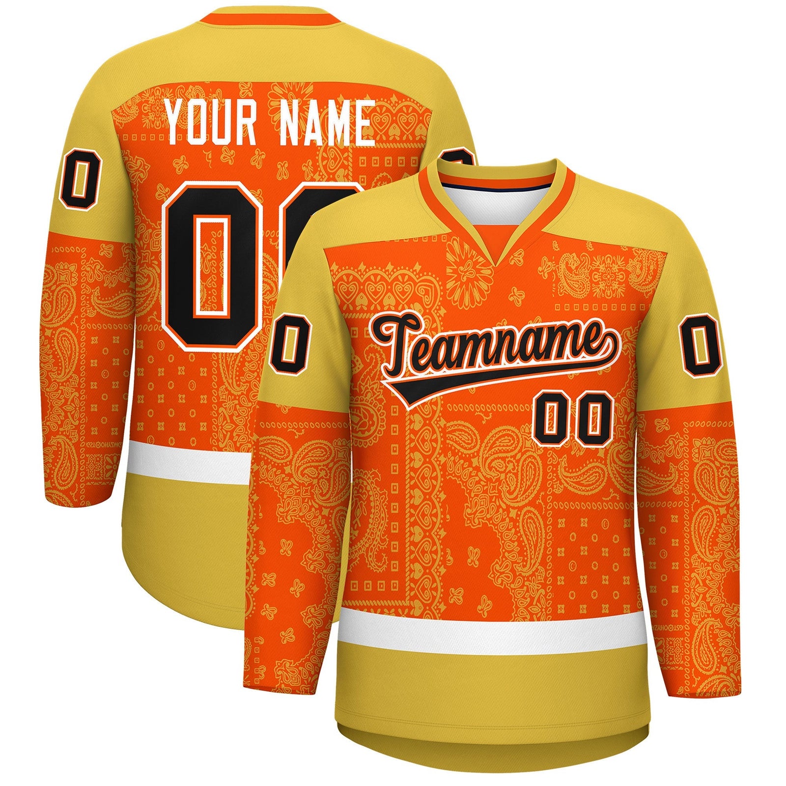 Custom Old Gold Orange White Cashew Flower Graffiti Pattern V-Neck Hockey Jersey| KXKSHOP