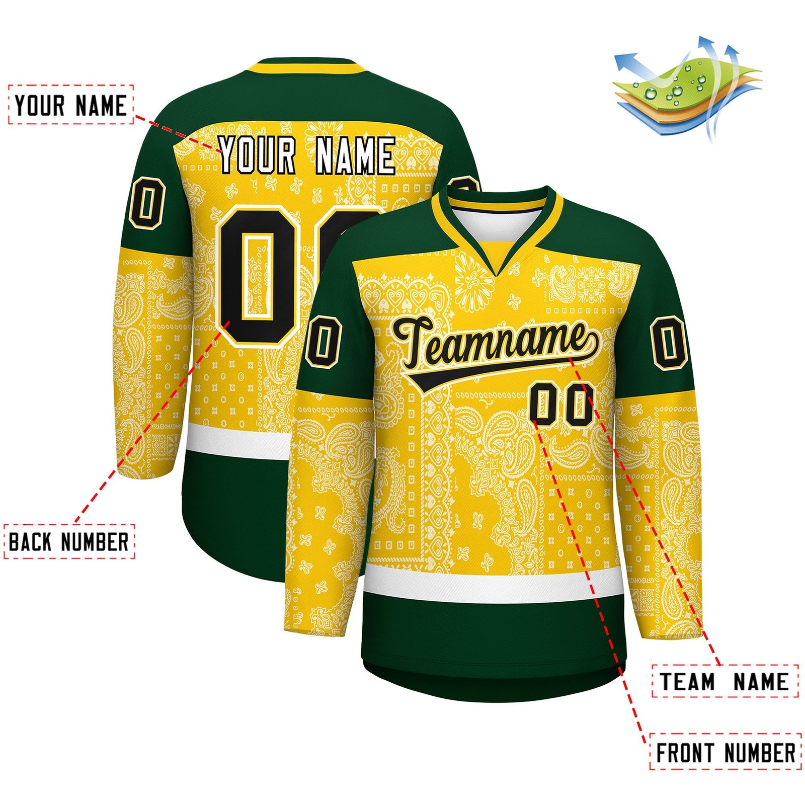 Custom Green Gold White Cashew Flower Graffiti Pattern V-Neck Hockey Jersey| KXKSHOP