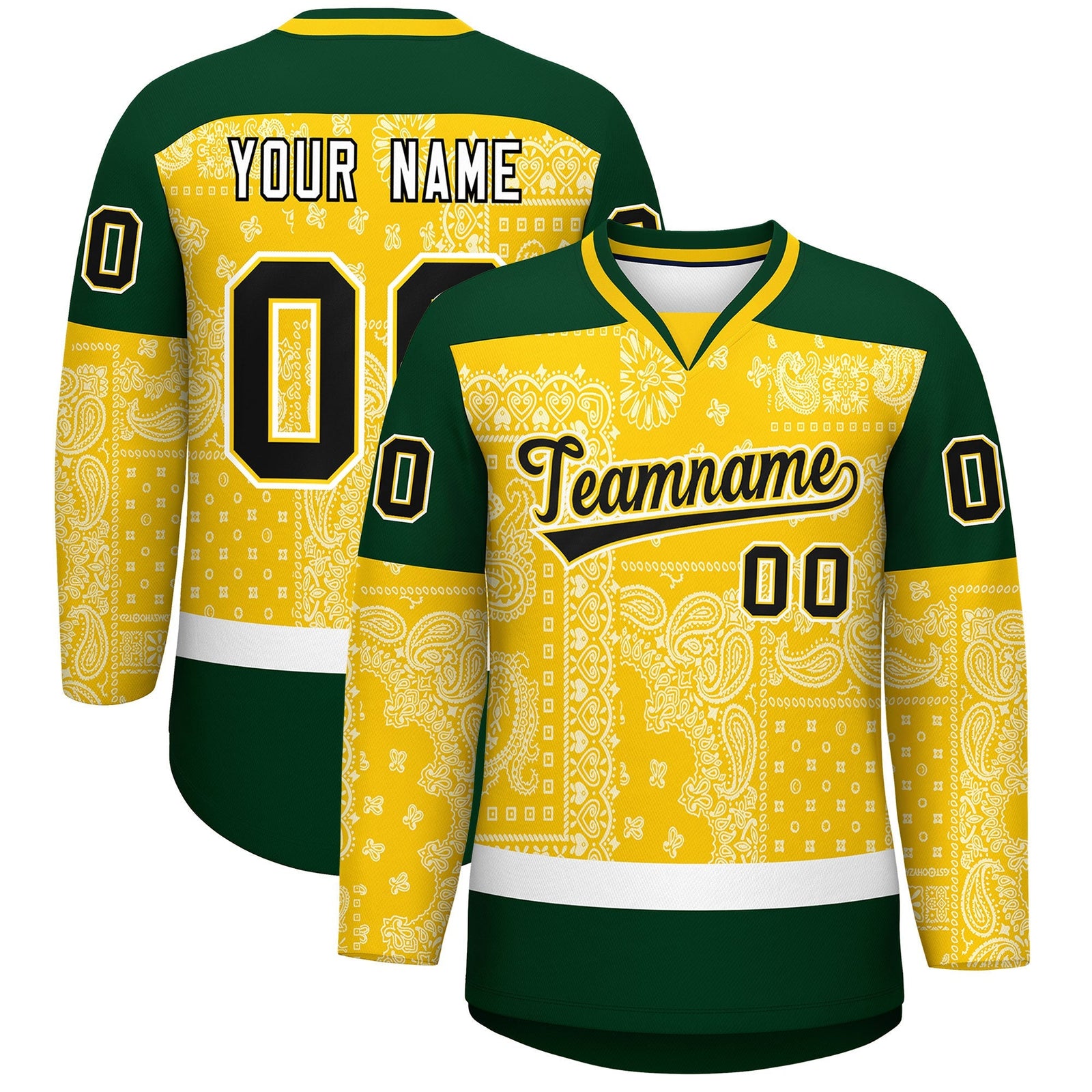 Custom Green Gold White Cashew Flower Graffiti Pattern V-Neck Hockey Jersey| KXKSHOP