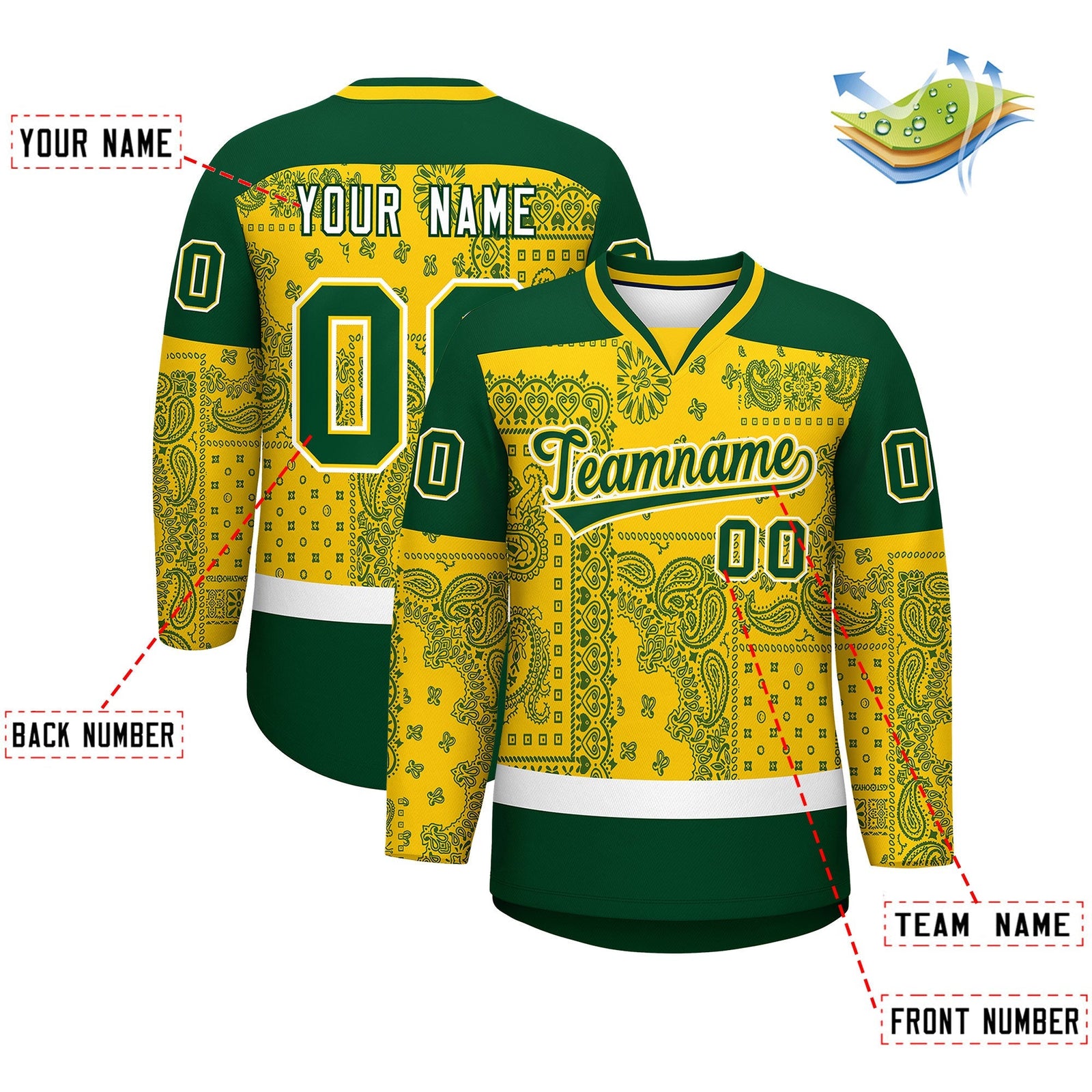 Custom Gold Green White Cashew Flower Graffiti Pattern V-Neck Hockey Jersey| KXKSHOP