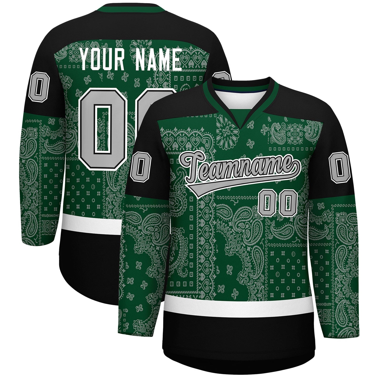 Custom Black Green White Cashew Flower Graffiti Pattern V-Neck Hockey Jersey| KXKSHOP