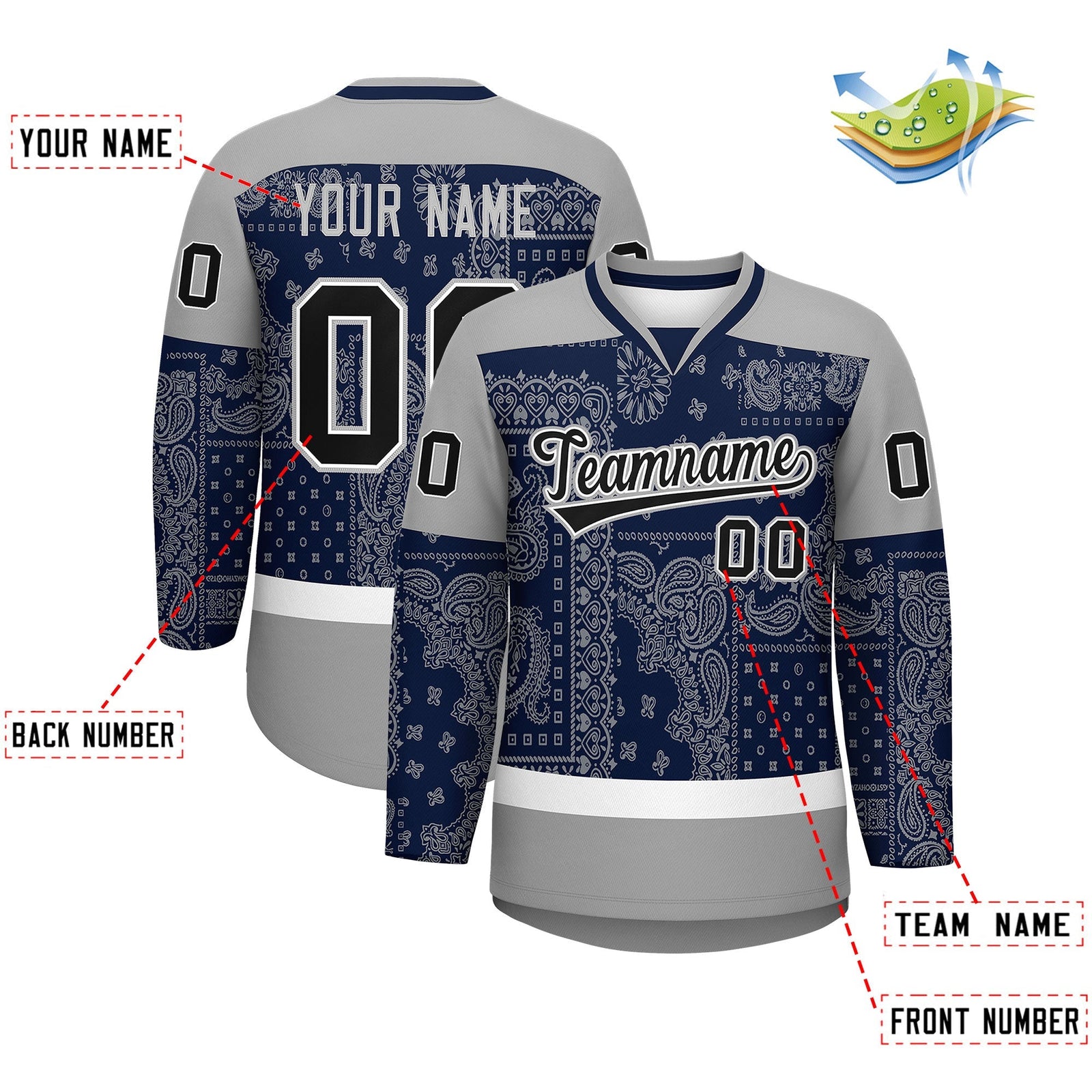 Custom Gray Navy White Cashew Flower Graffiti Pattern V-Neck Hockey Jersey| KXKSHOP