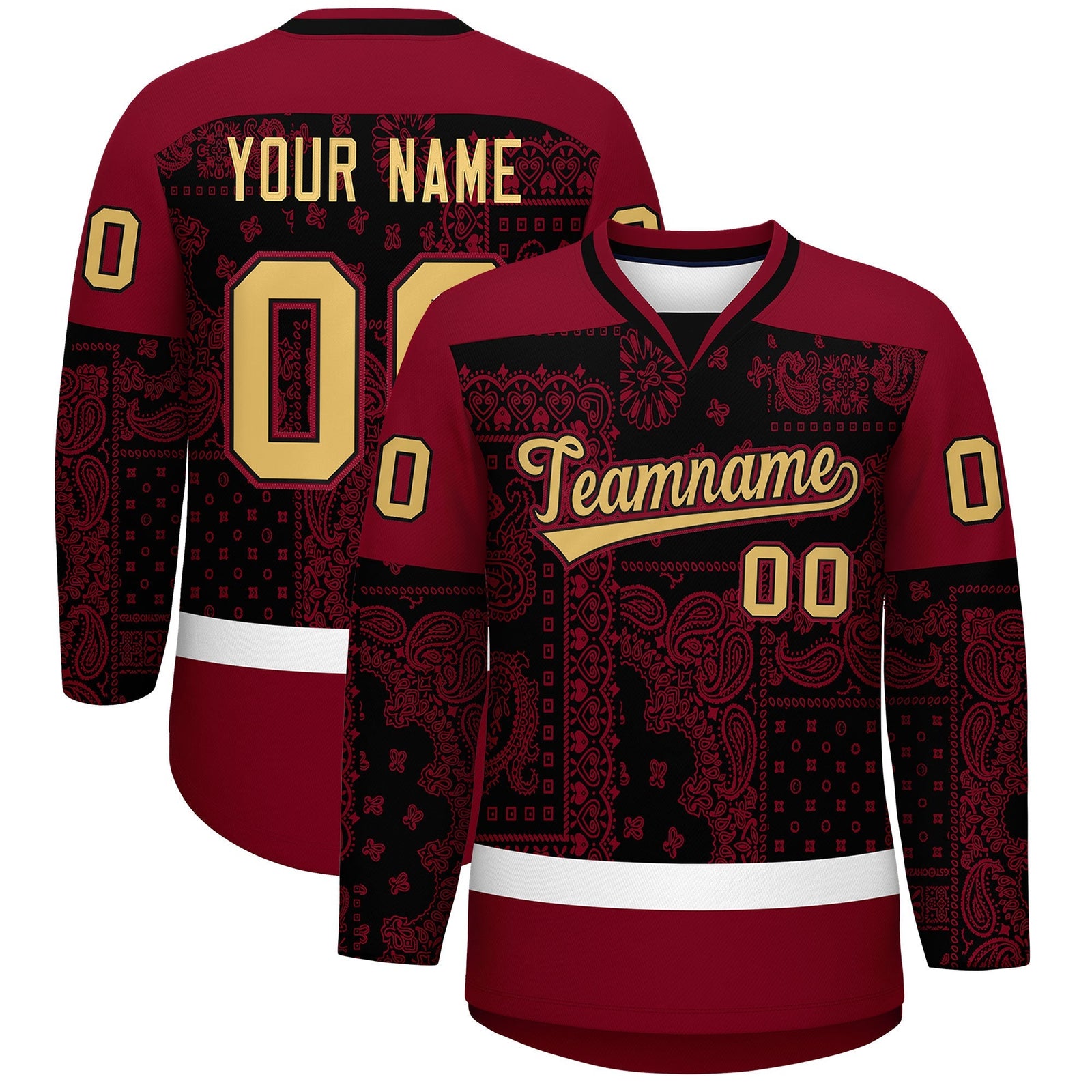 Custom Crimson Black White Cashew Flower Graffiti Pattern V-Neck Hockey Jersey| KXKSHOP