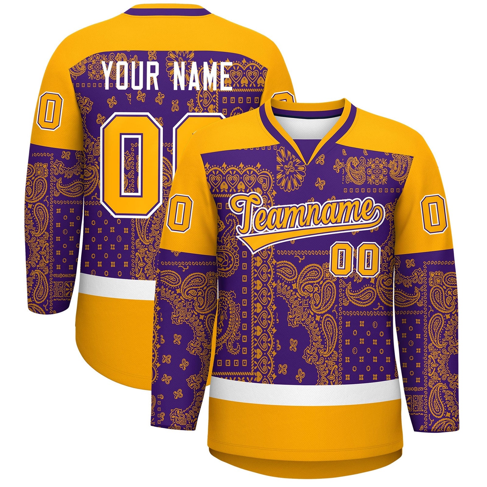 Custom Yellow Purple White Cashew Flower Graffiti Pattern V-Neck Hockey Jersey| KXKSHOP