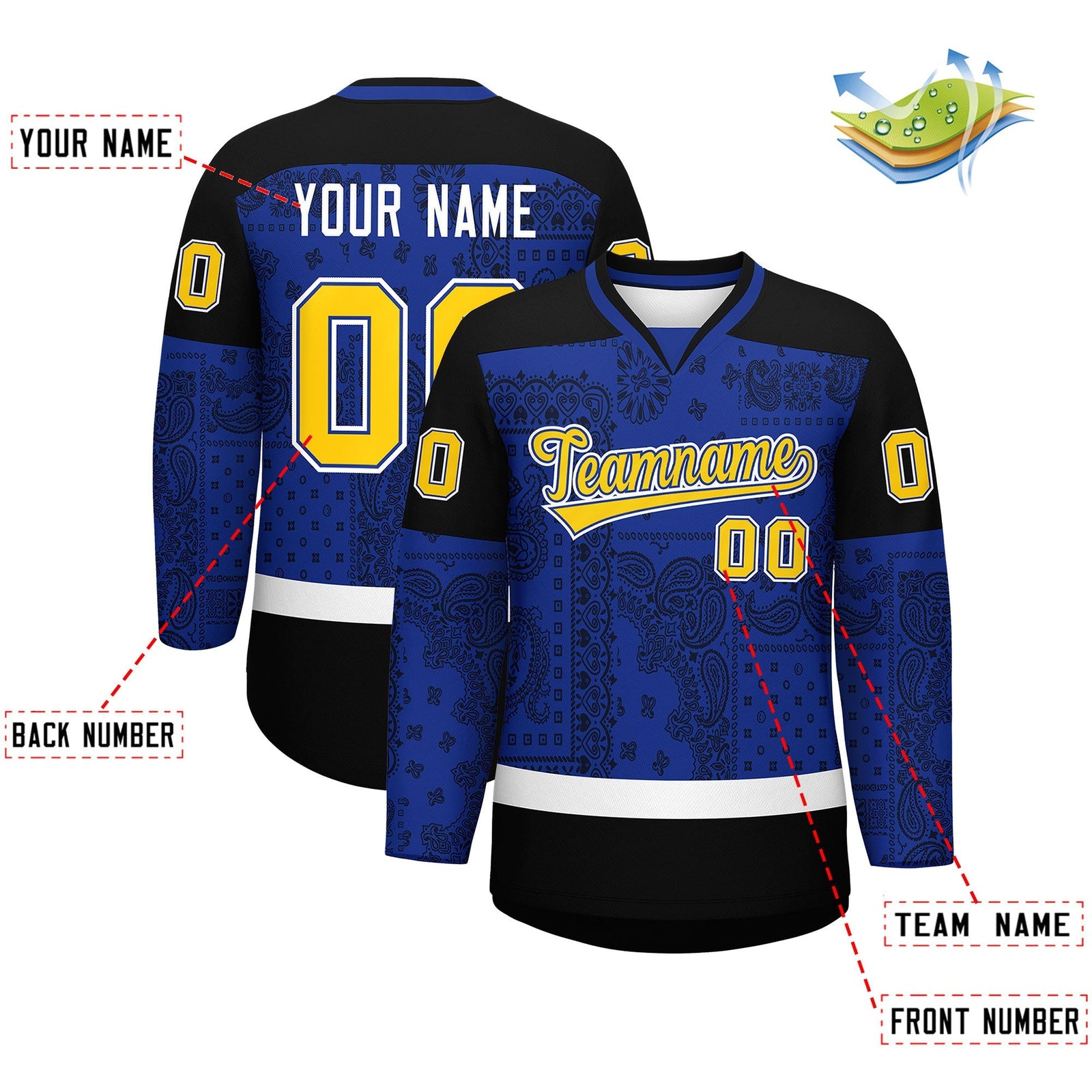 Custom Black Royal White Cashew Flower Graffiti Pattern V-Neck Hockey Jersey| KXKSHOP
