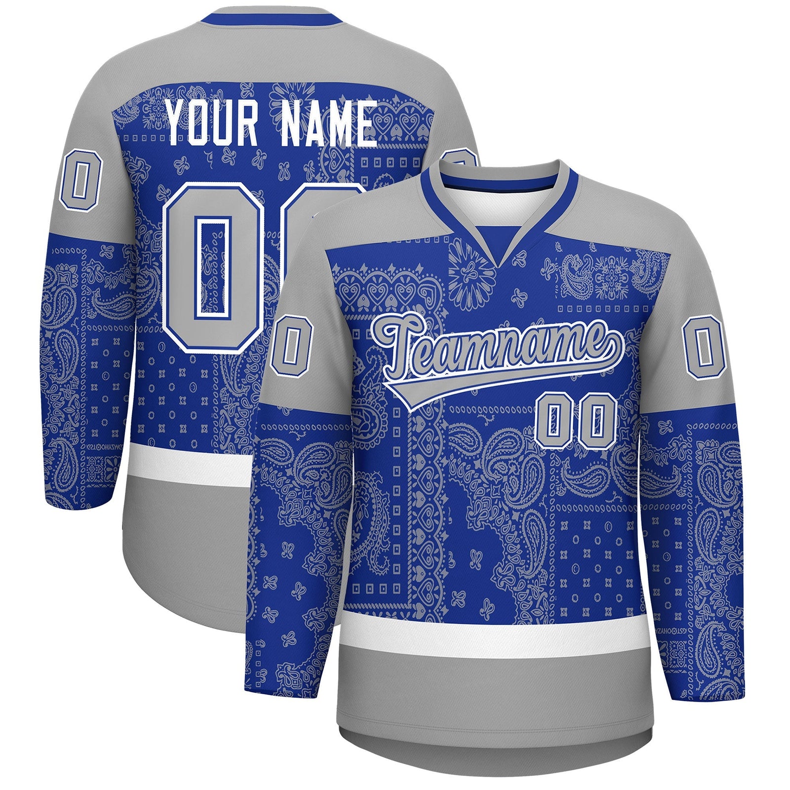 Custom Gray Royal White Cashew Flower Graffiti Pattern V-Neck Hockey Jersey| KXKSHOP
