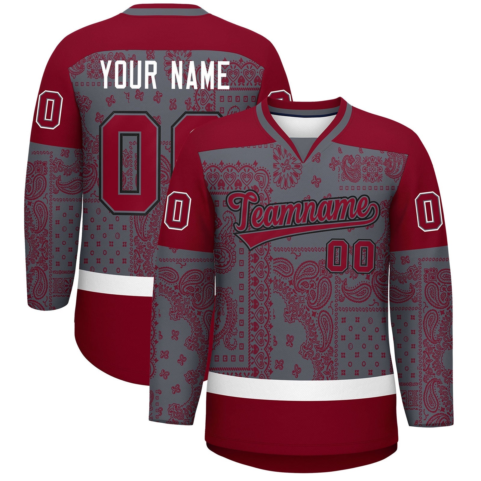 Custom Red Dark Gray White Cashew Flower Graffiti Pattern V-Neck Hockey Jersey| KXKSHOP