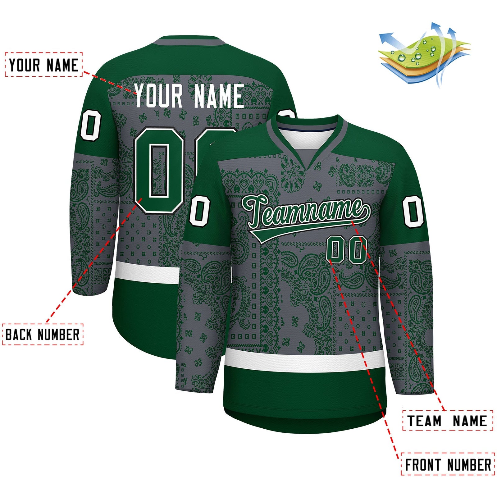 Custom Green Dark Gray White Cashew Flower Graffiti Pattern V-Neck Hockey Jersey| KXKSHOP