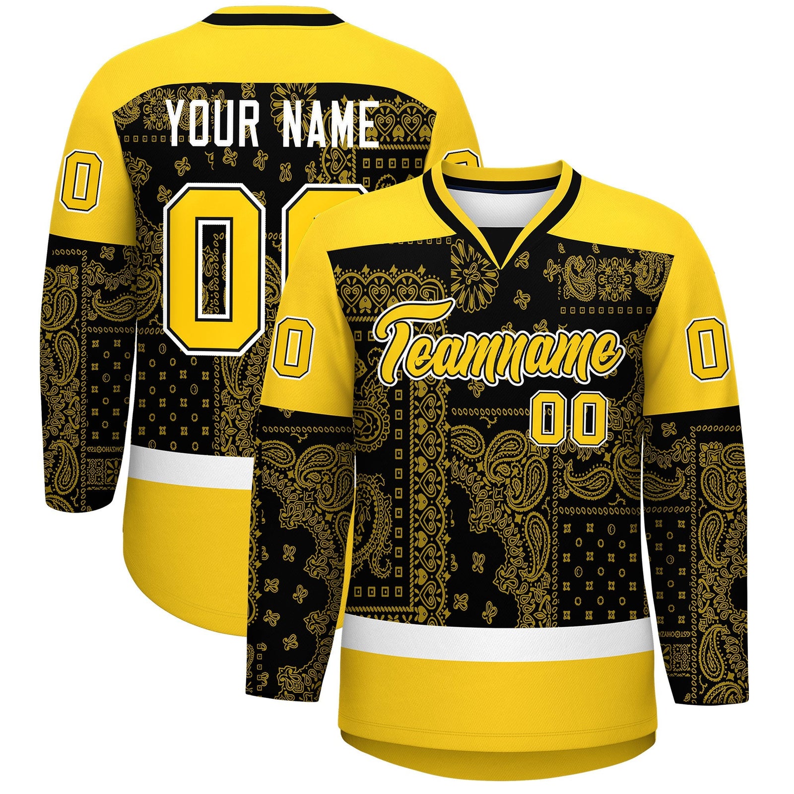 Custom Gold White Black Cashew Flower Graffiti Pattern V-Neck Hockey Jersey| KXKSHOP