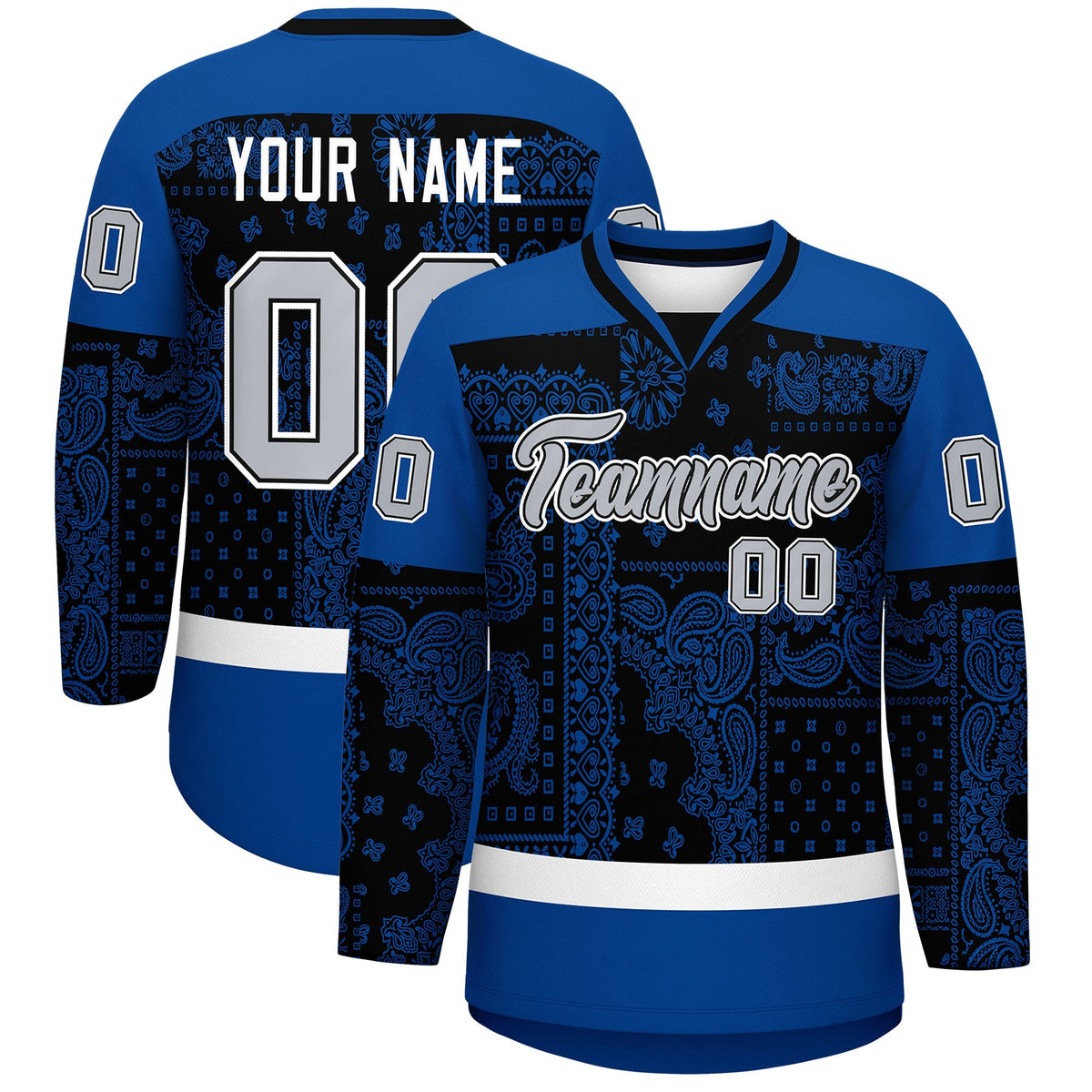 Custom Royal White Black Cashew Flower Graffiti Pattern V-Neck Hockey Jersey| KXKSHOP