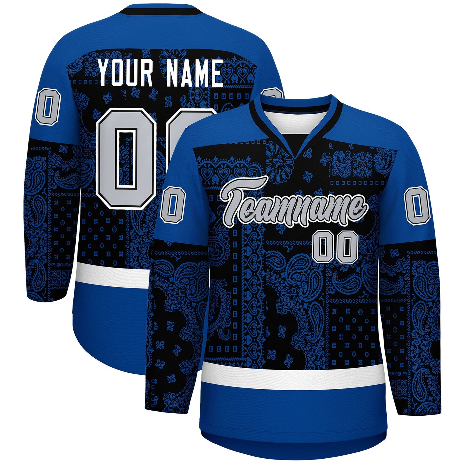 Custom Royal White Black Cashew Flower Graffiti Pattern V-Neck Hockey Jersey| KXKSHOP
