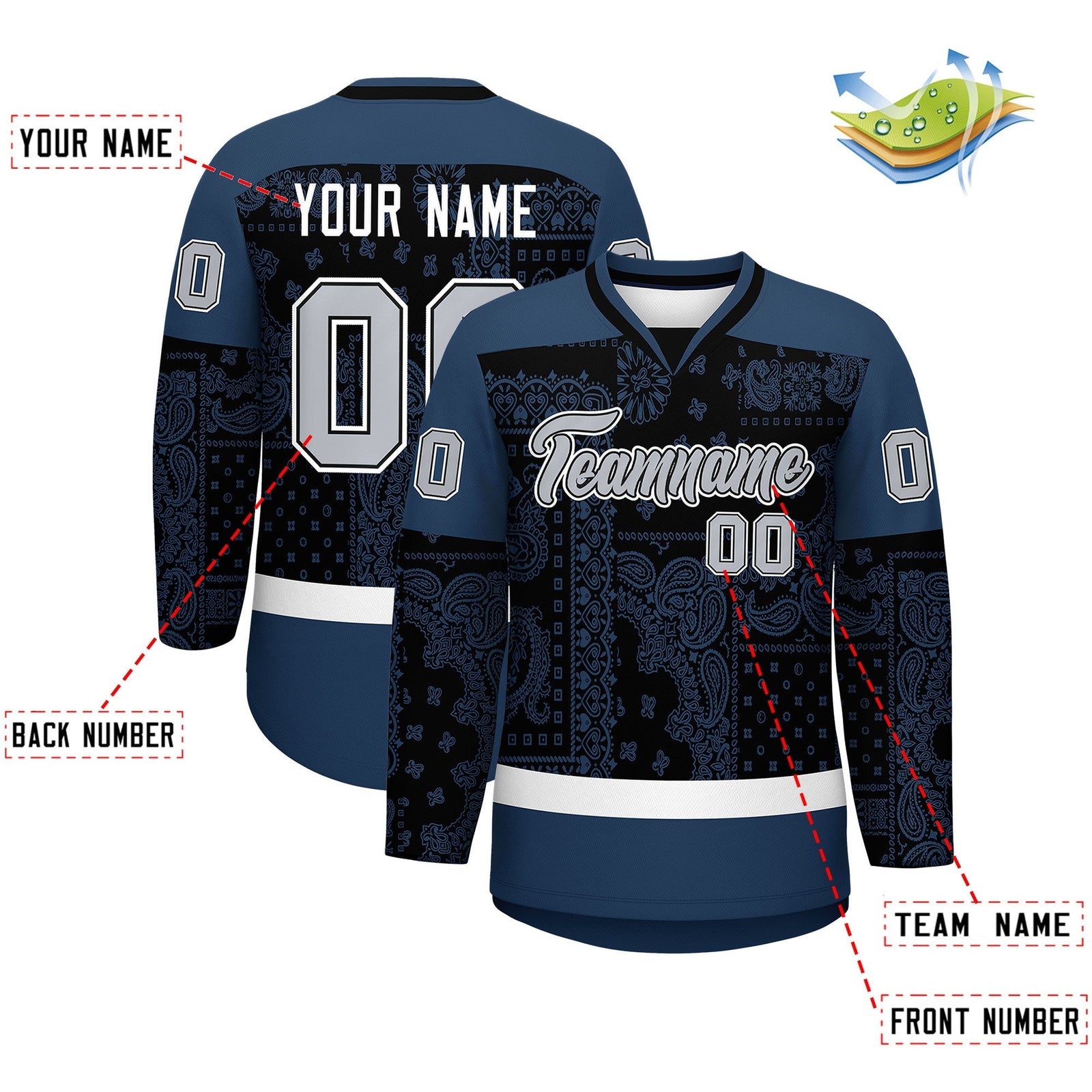 Custom Midnight Blue White Black Cashew Flower Graffiti Pattern V-Neck Hockey Jersey| KXKSHOP