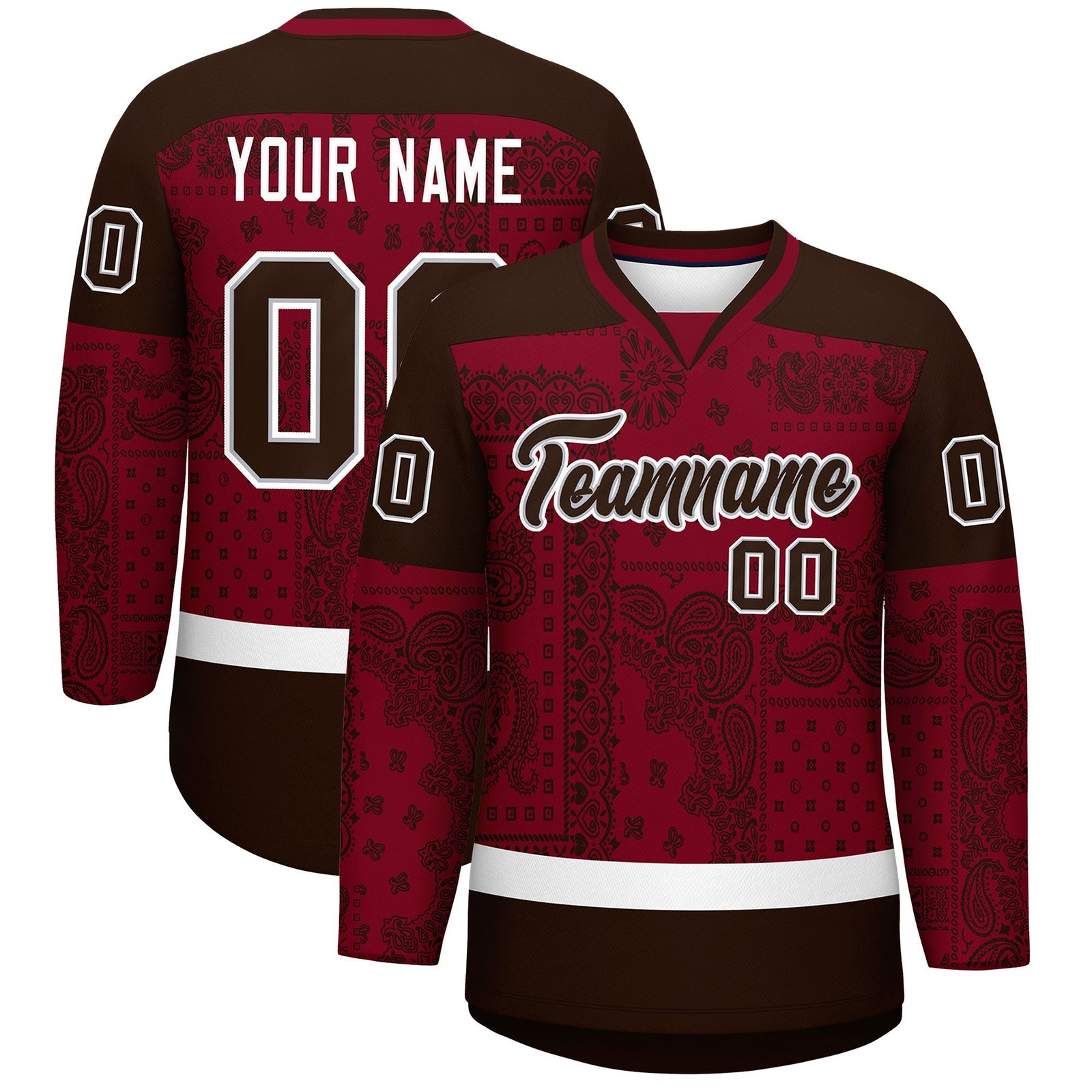 Custom Brown Crimson White Cashew Flower Graffiti Pattern V-Neck Hockey Jersey| KXKSHOP