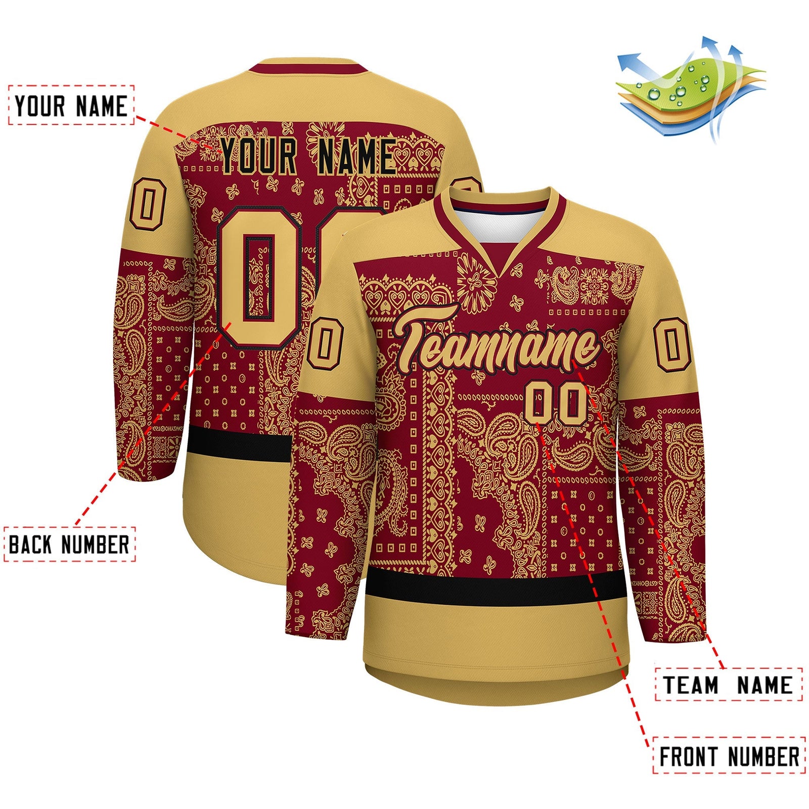 Custom Old Gold Crimson Black Cashew Flower Graffiti Pattern V-Neck Hockey Jersey| KXKSHOP