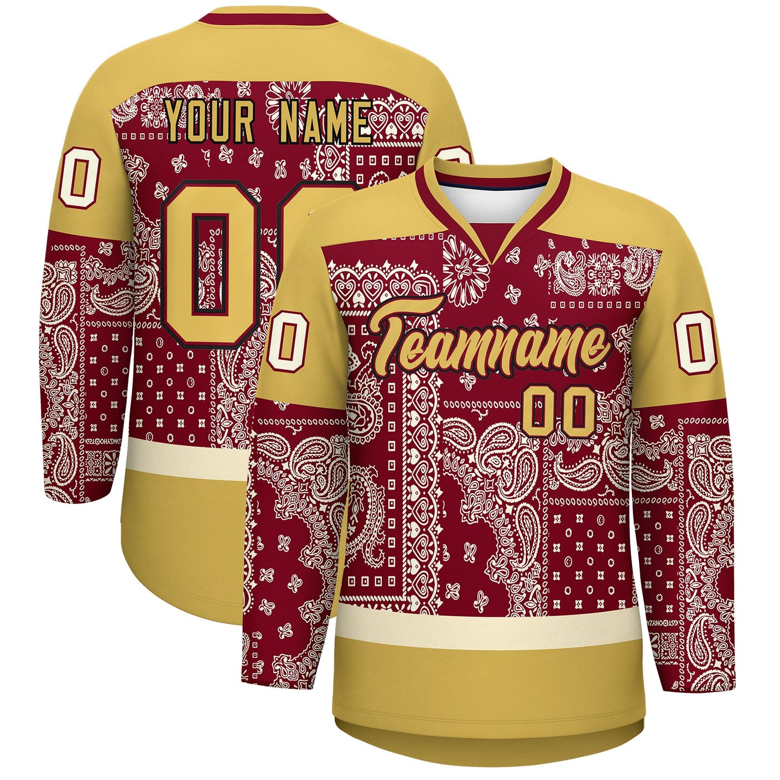 Custom Old Gold Crimson Cream Cashew Flower Graffiti Pattern V-Neck Hockey Jersey| KXKSHOP