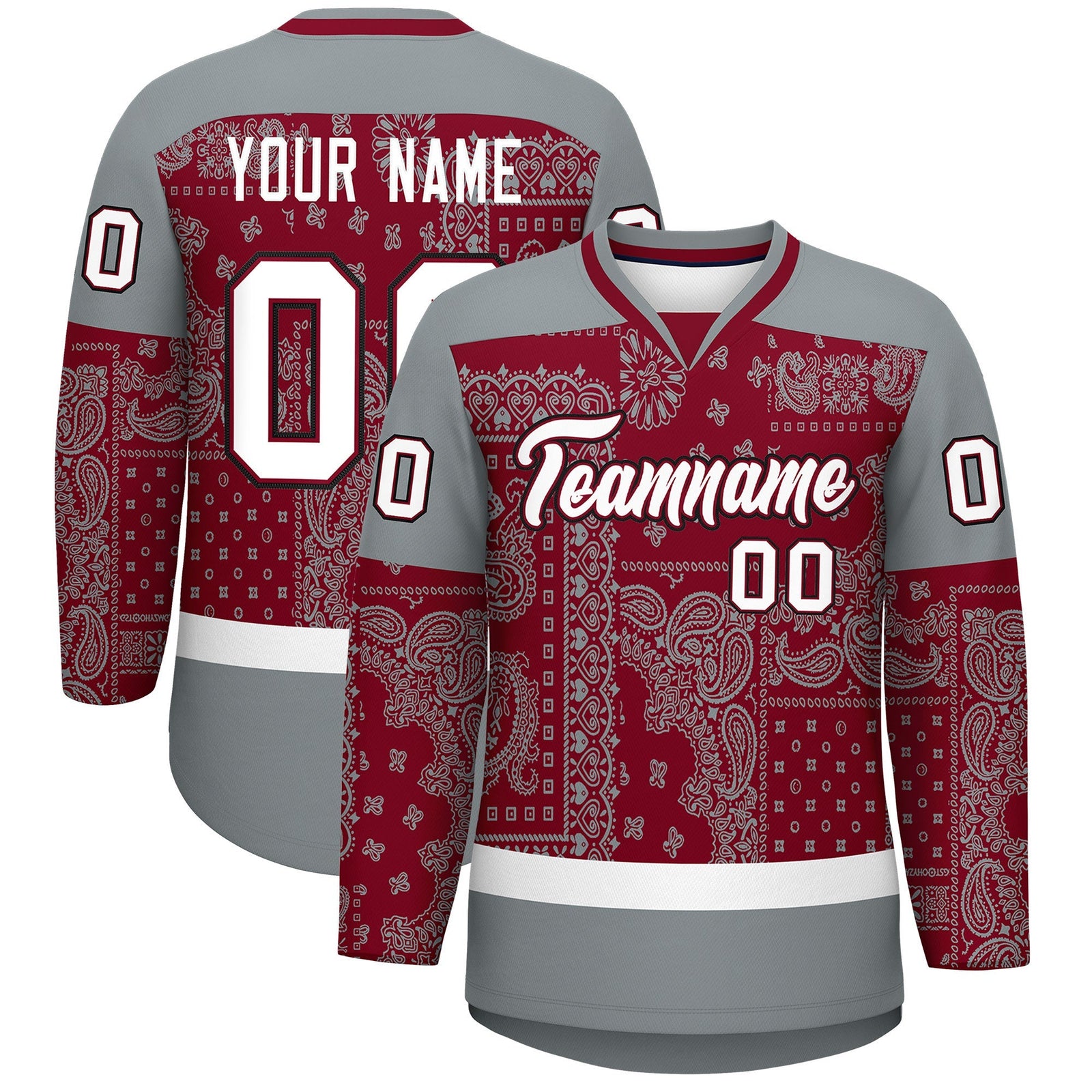 Custom Silver Gray Crimson White Cashew Flower Graffiti Pattern V-Neck Hockey Jersey| KXKSHOP