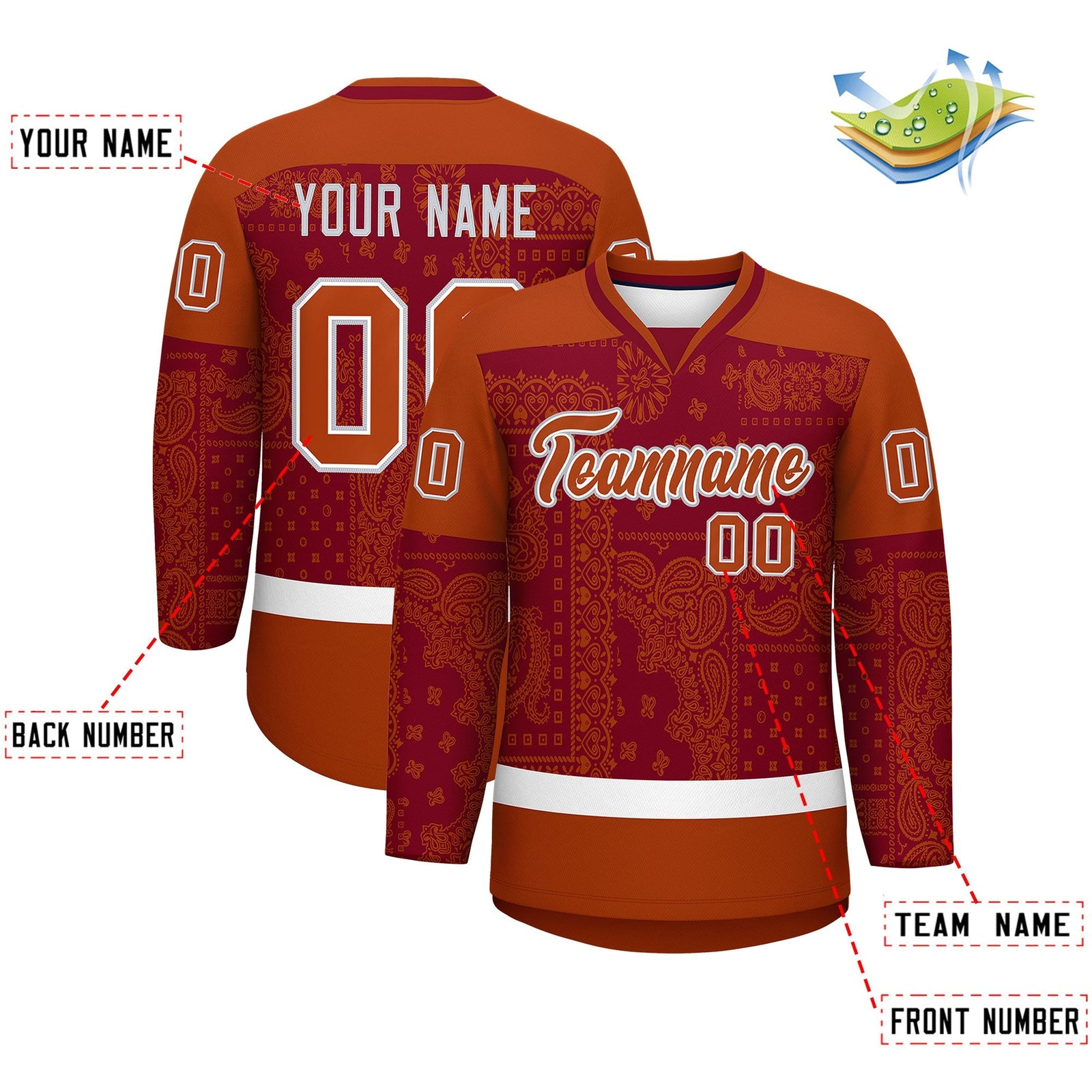 Custom Dark Orange Crimson White Cashew Flower Graffiti Pattern V-Neck Hockey Jersey| KXKSHOP