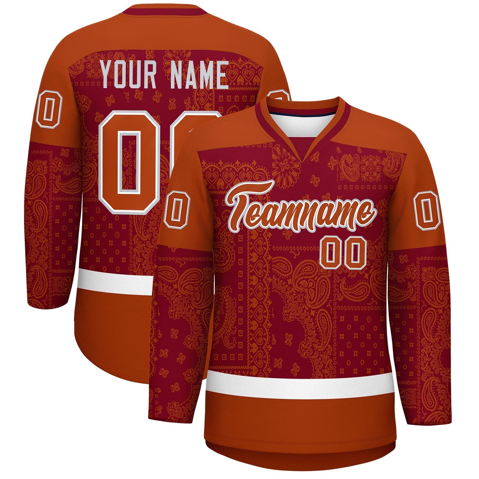 Custom Dark Orange Crimson White Cashew Flower Graffiti Pattern V-Neck Hockey Jersey| KXKSHOP