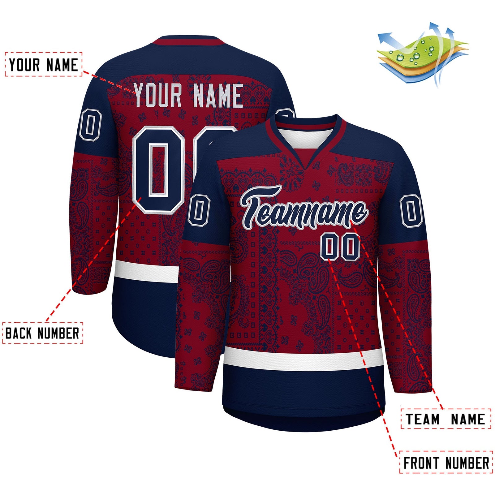 Custom Navy Crimson White Cashew Flower Graffiti Pattern V-Neck Hockey Jersey| KXKSHOP