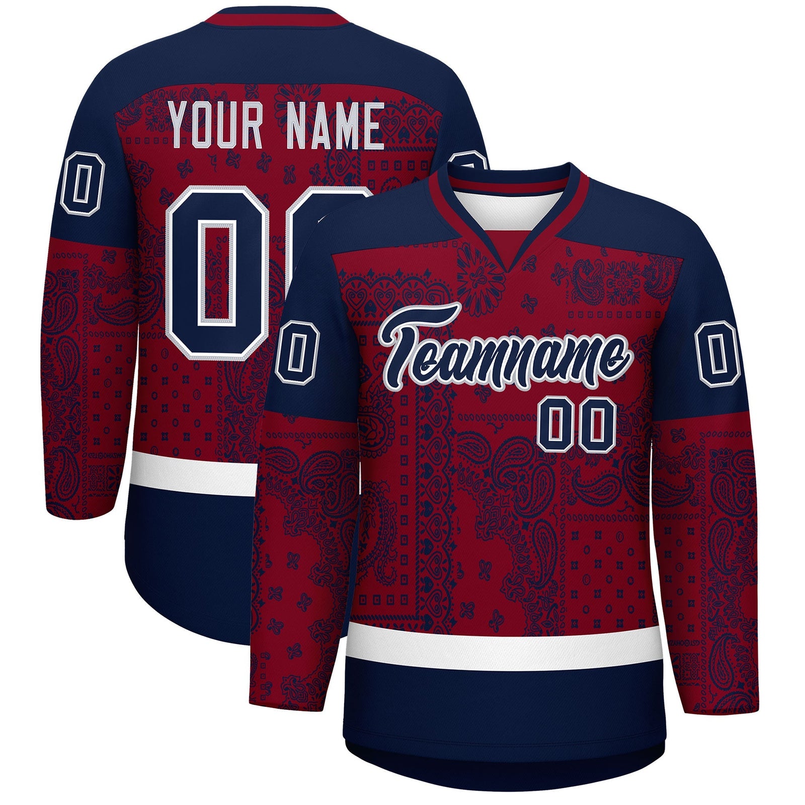 Custom Navy Crimson White Cashew Flower Graffiti Pattern V-Neck Hockey Jersey| KXKSHOP