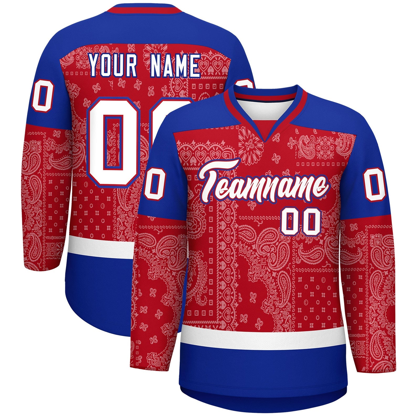 Custom Royal White Red Cashew Flower Graffiti Pattern V-Neck Hockey Jersey| KXKSHOP