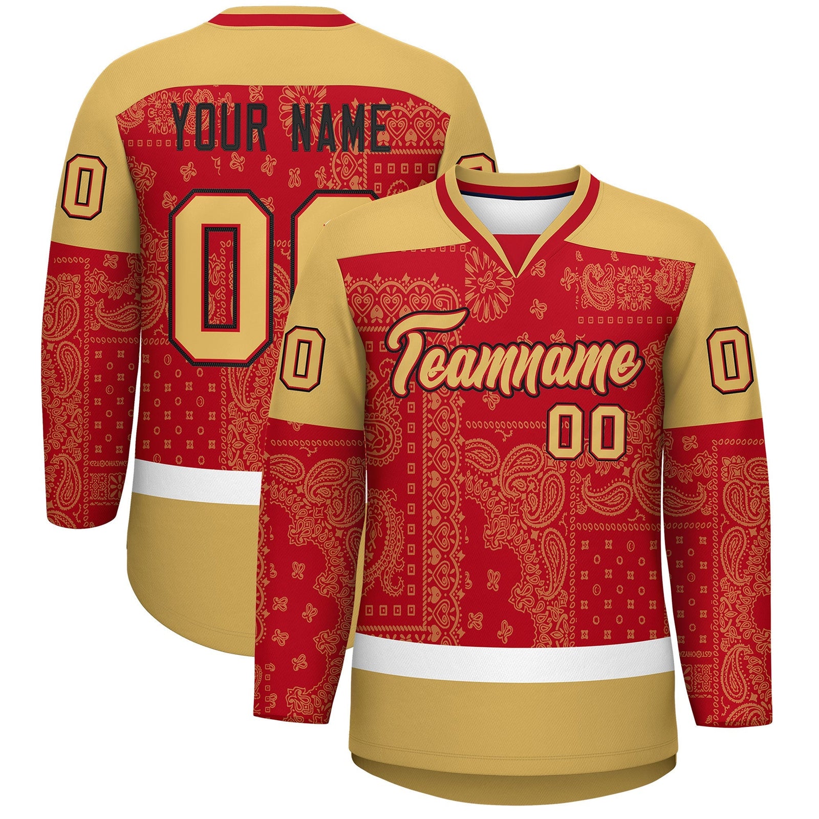 Custom Old Gold Red White Cashew Flower Graffiti Pattern V-Neck Hockey Jersey| KXKSHOP