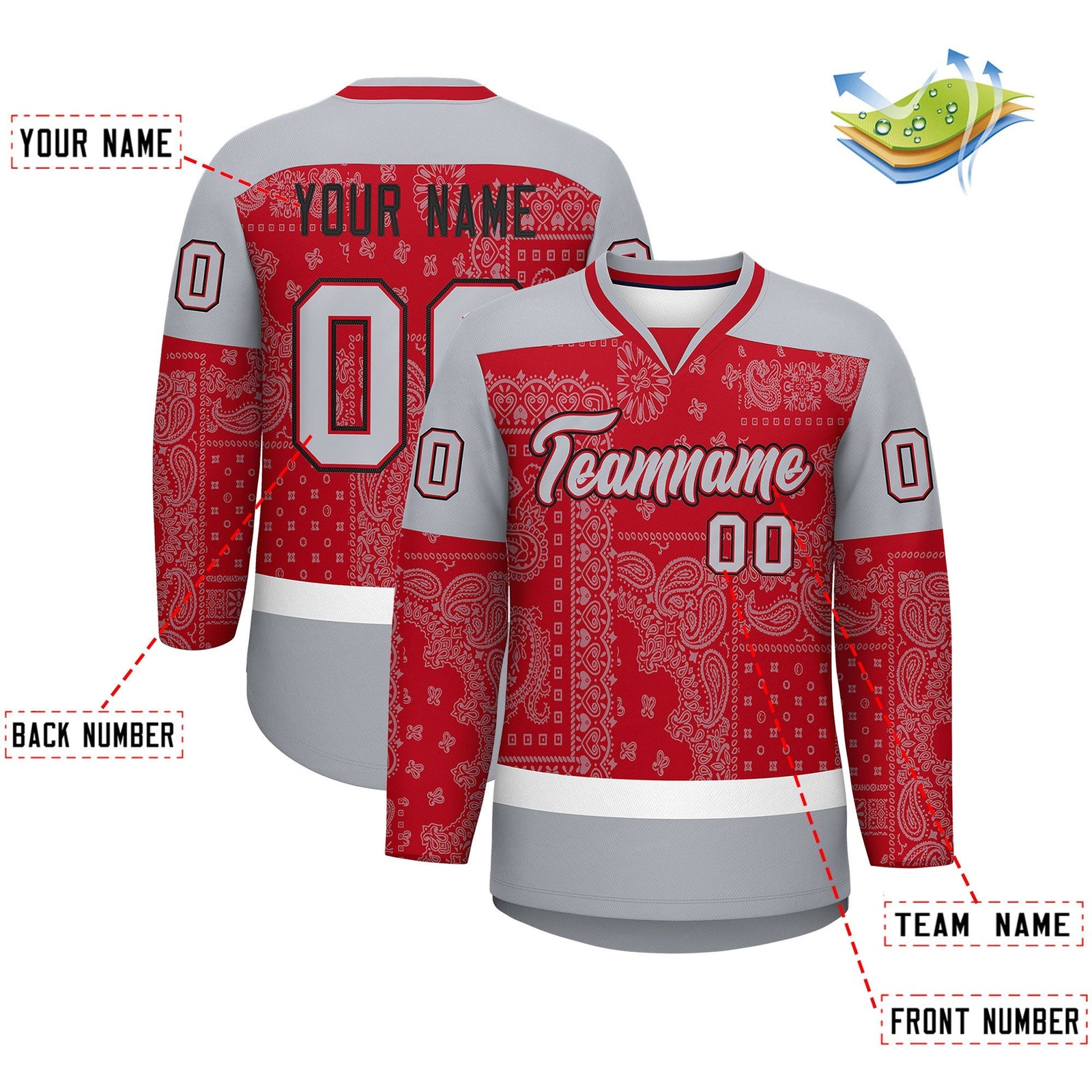 Custom Gray Red White Cashew Flower Graffiti Pattern V-Neck Hockey Jersey| KXKSHOP