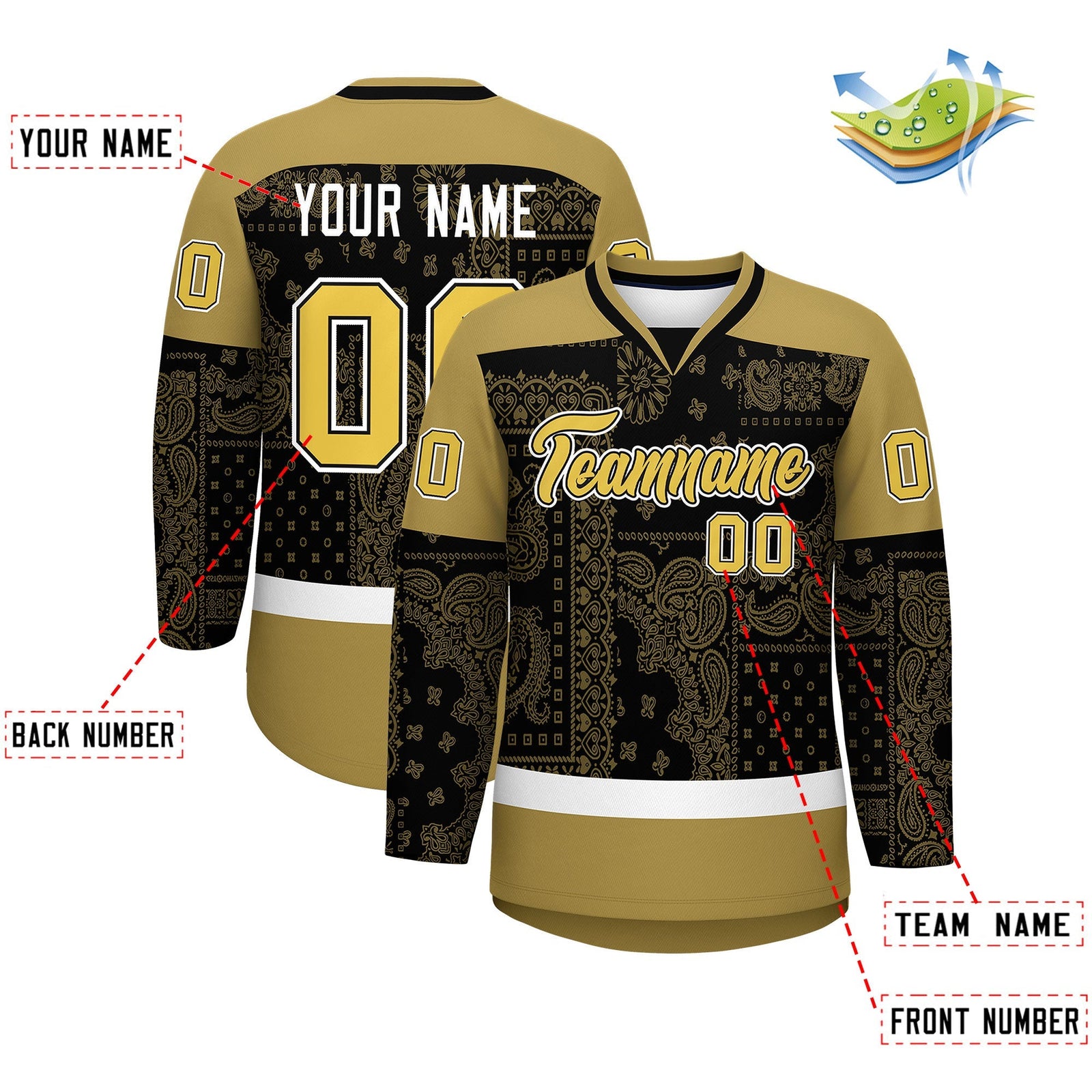 Custom Old Gold Black White Cashew Flower Graffiti Pattern V-Neck Hockey Jersey| KXKSHOP