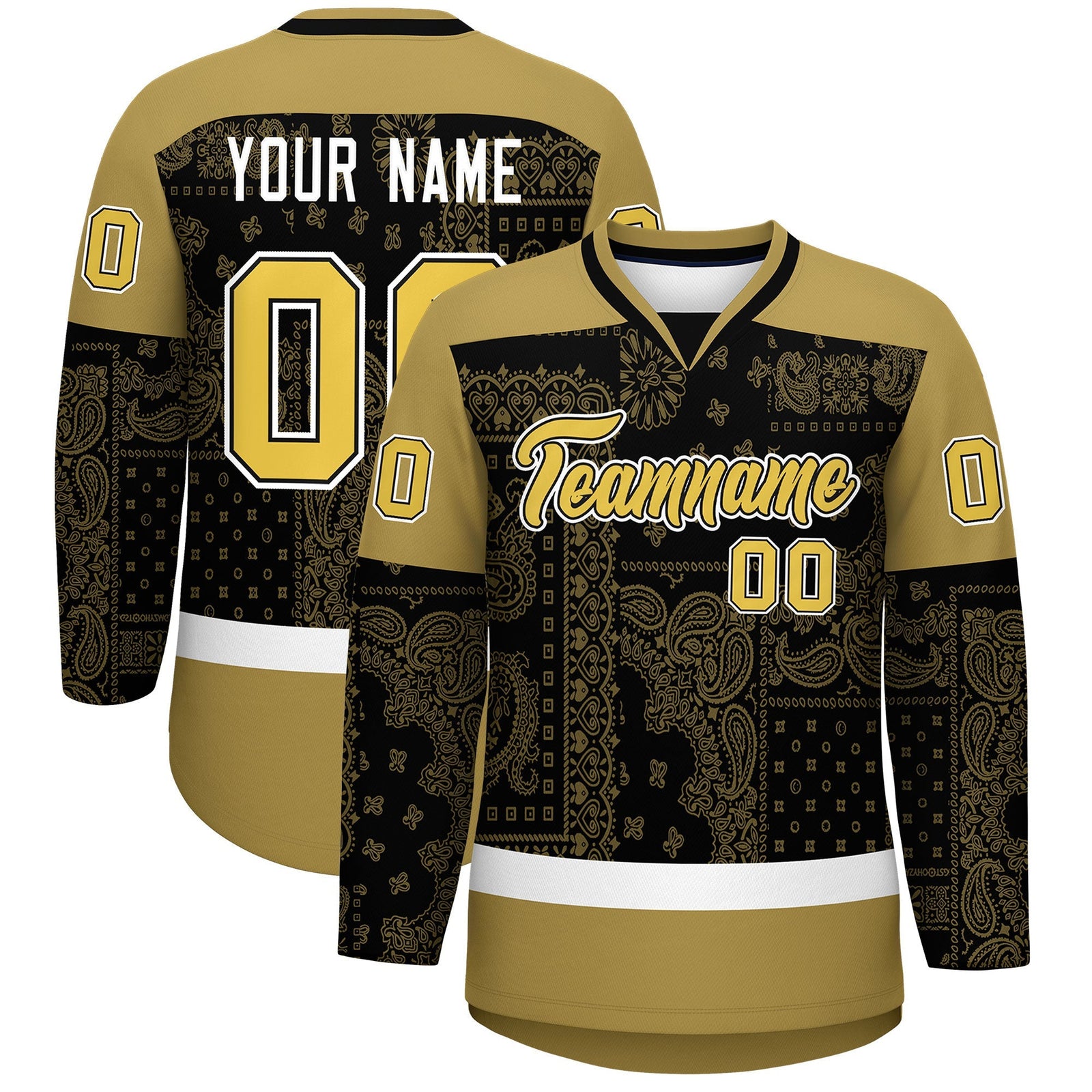 Custom Old Gold Black White Cashew Flower Graffiti Pattern V-Neck Hockey Jersey| KXKSHOP