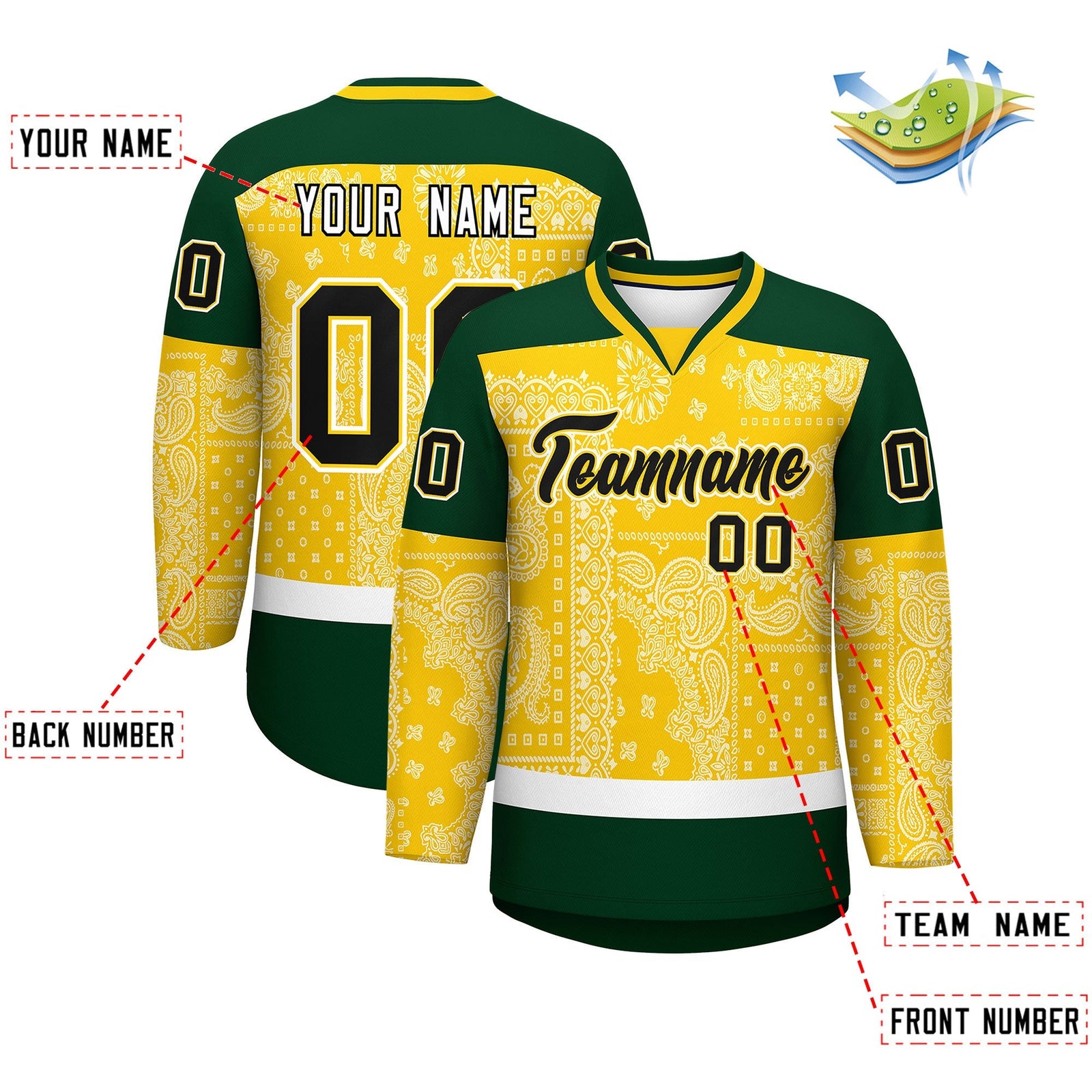 Custom Green Gold White Cashew Flower Graffiti Pattern V-Neck Hockey Jersey| KXKSHOP