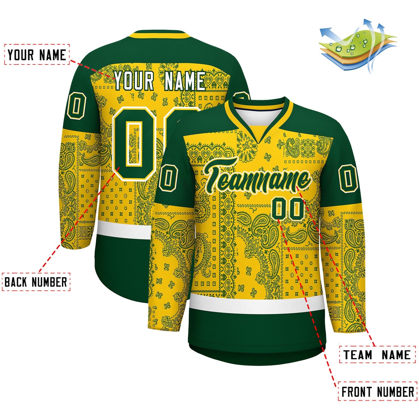 Custom Gold Green White Cashew Flower Graffiti Pattern V-Neck Hockey Jersey| KXKSHOP