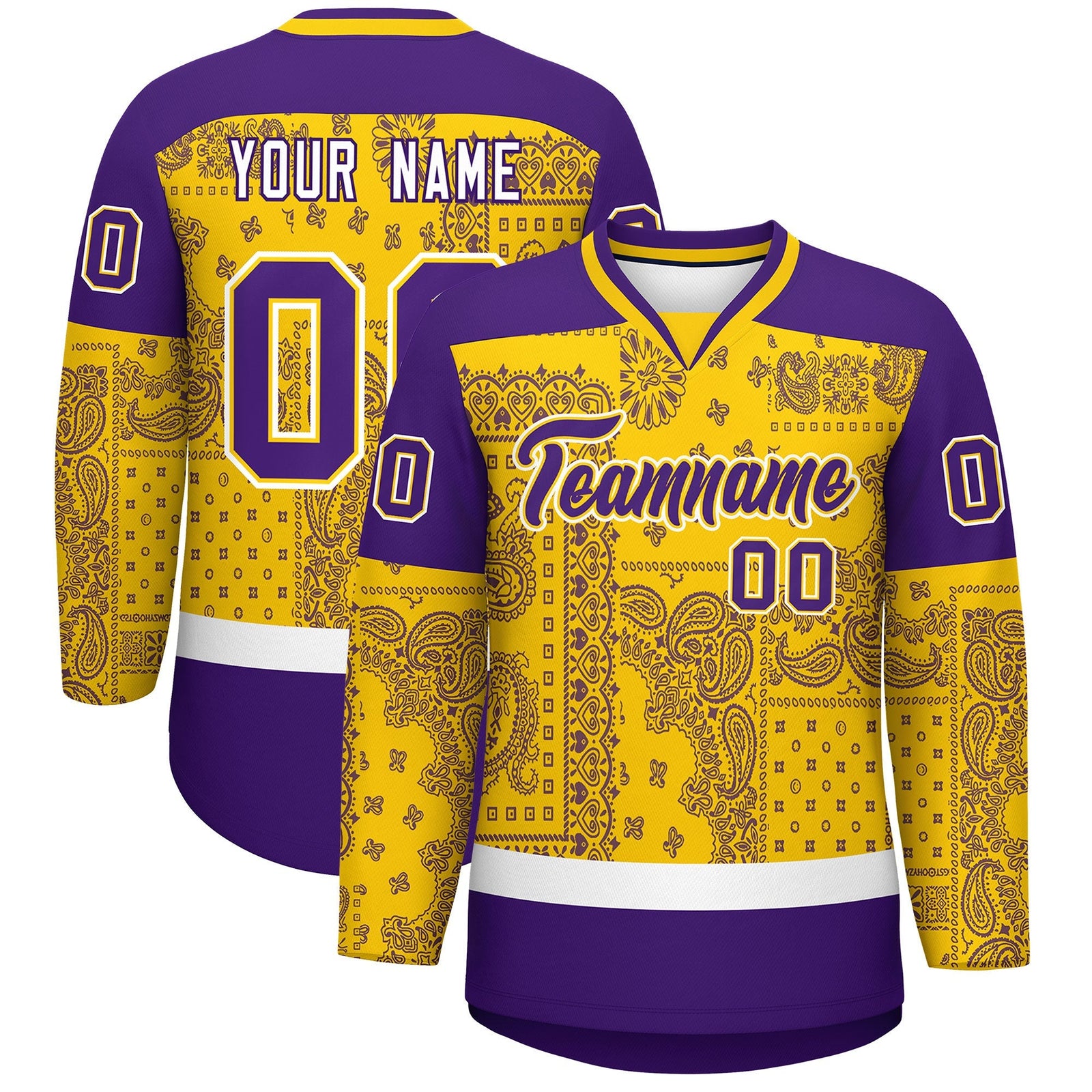 Custom Purple Gold White Cashew Flower Graffiti Pattern V-Neck Hockey Jersey| KXKSHOP