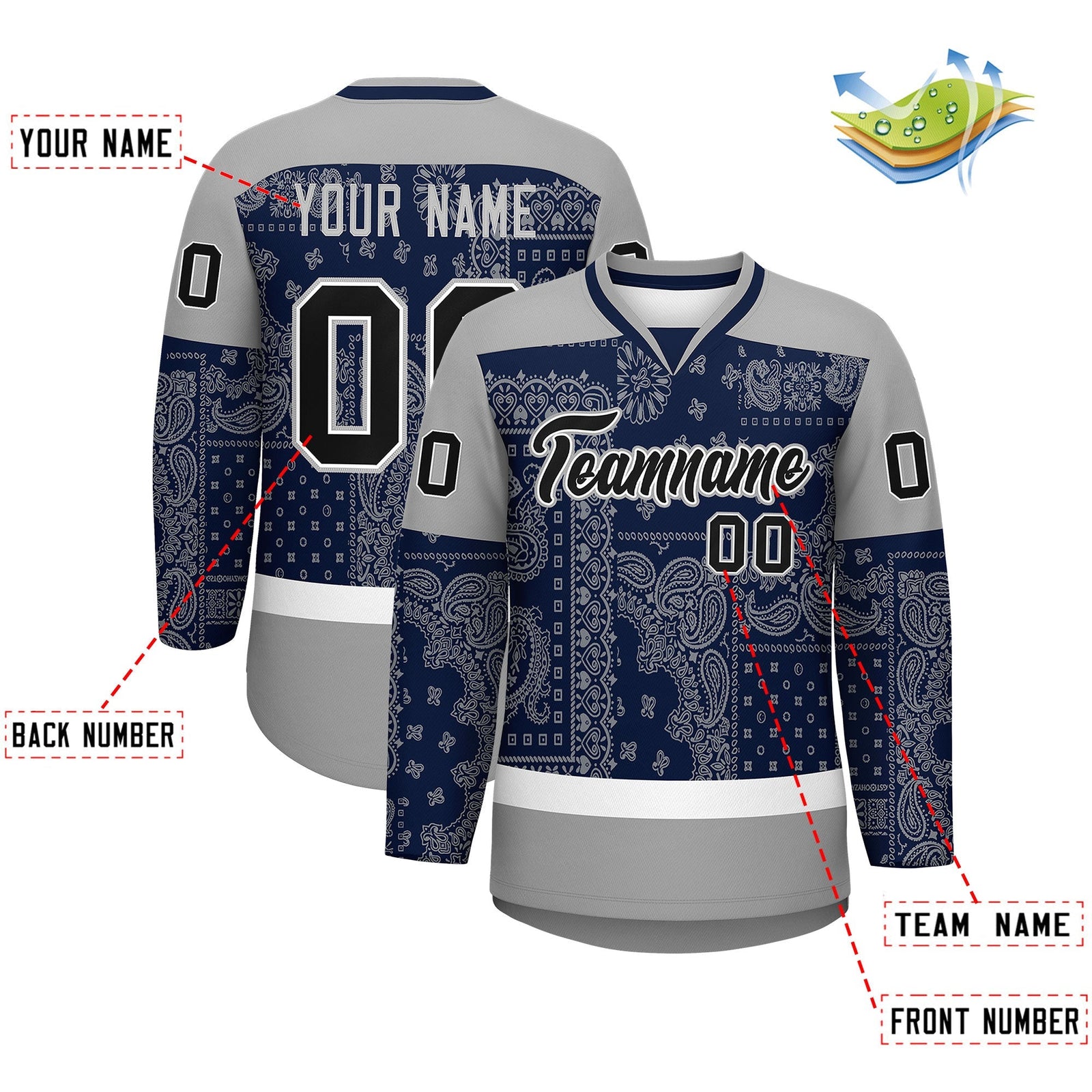 Custom Gray Navy White Cashew Flower Graffiti Pattern V-Neck Hockey Jersey| KXKSHOP