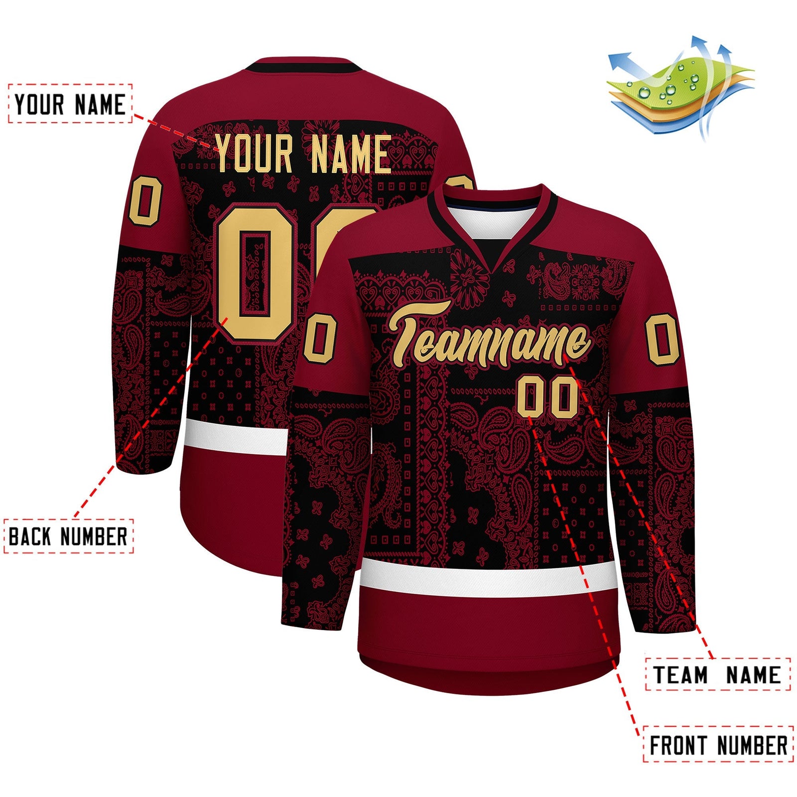 Custom Crimson Black White Cashew Flower Graffiti Pattern V-Neck Hockey Jersey| KXKSHOP
