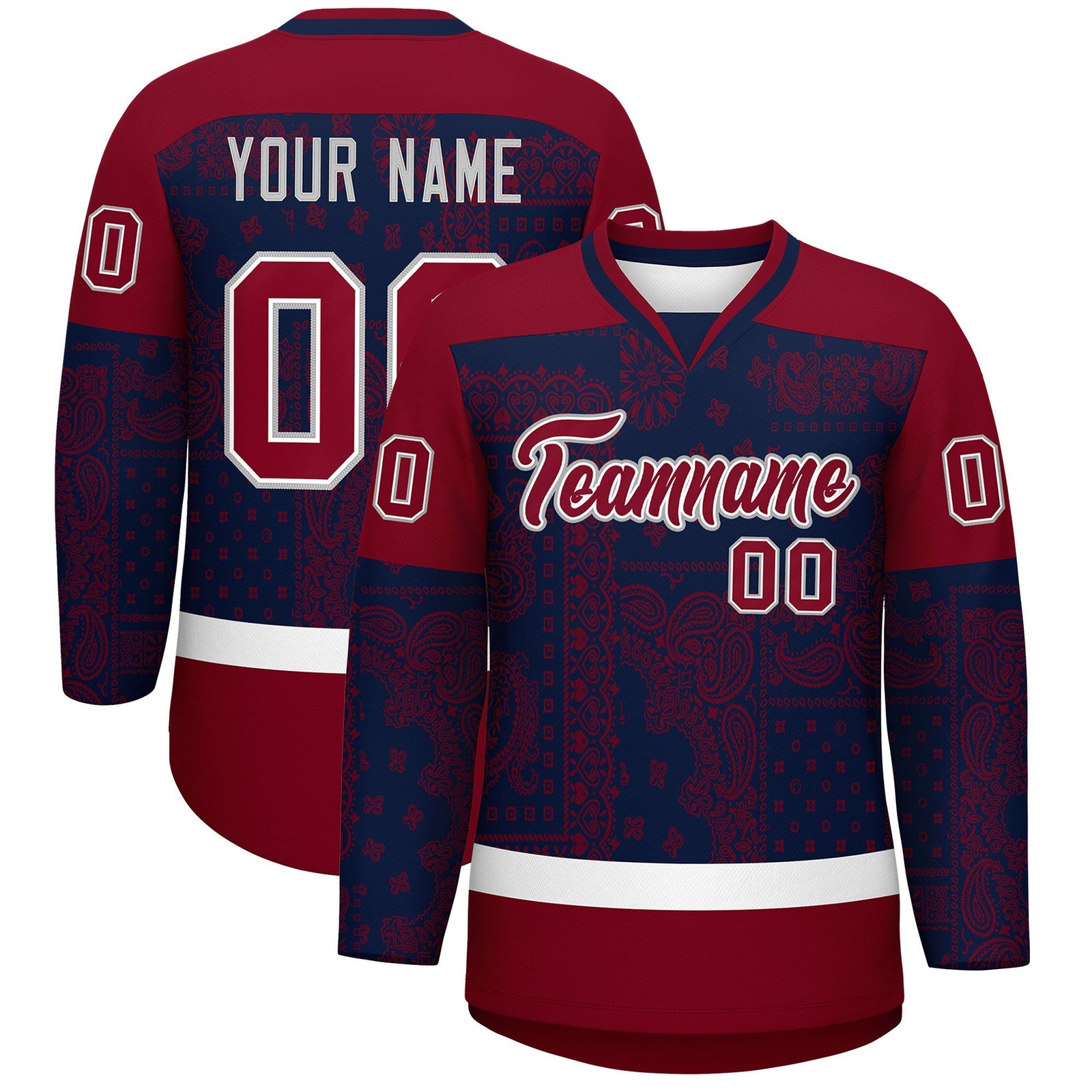 Custom Crimson Navy White Cashew Flower Graffiti Pattern V-Neck Hockey Jersey| KXKSHOP