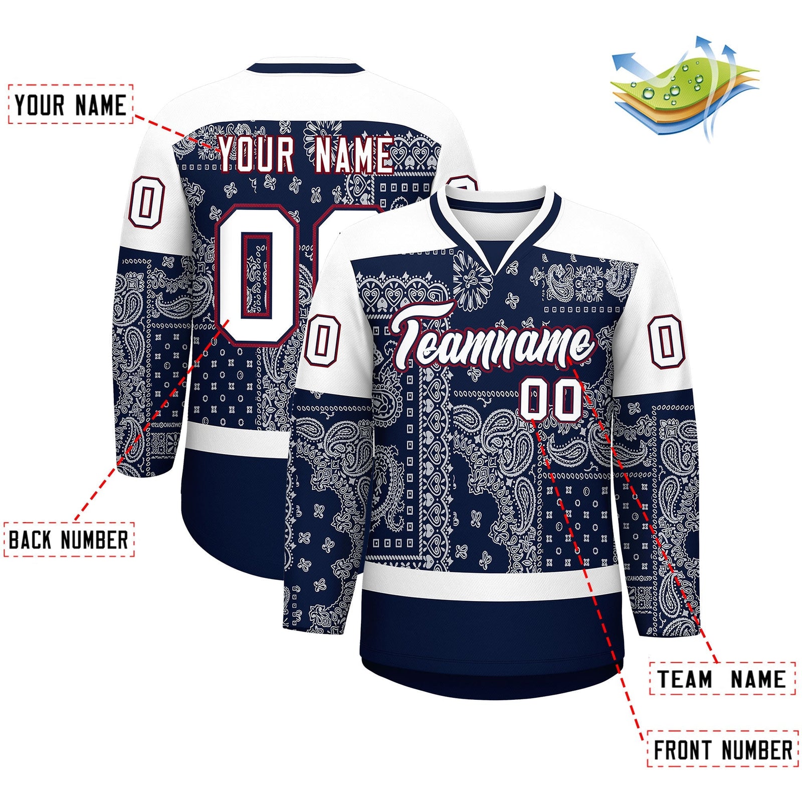Custom White Navy Crimson Cashew Flower Graffiti Pattern V-Neck Hockey Jersey| KXKSHOP