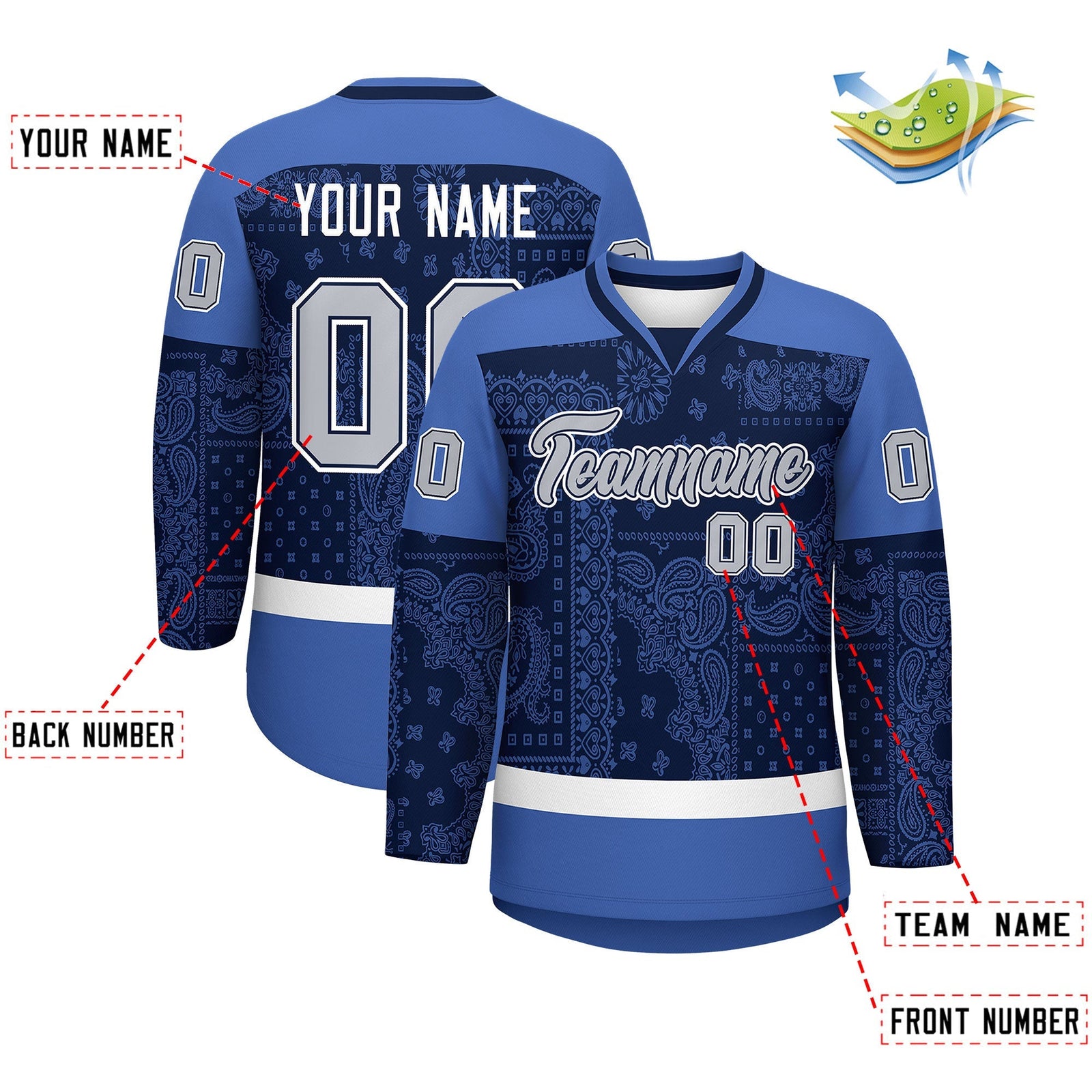 Custom Blue Navy White Cashew Flower Graffiti Pattern V-Neck Hockey Jersey| KXKSHOP