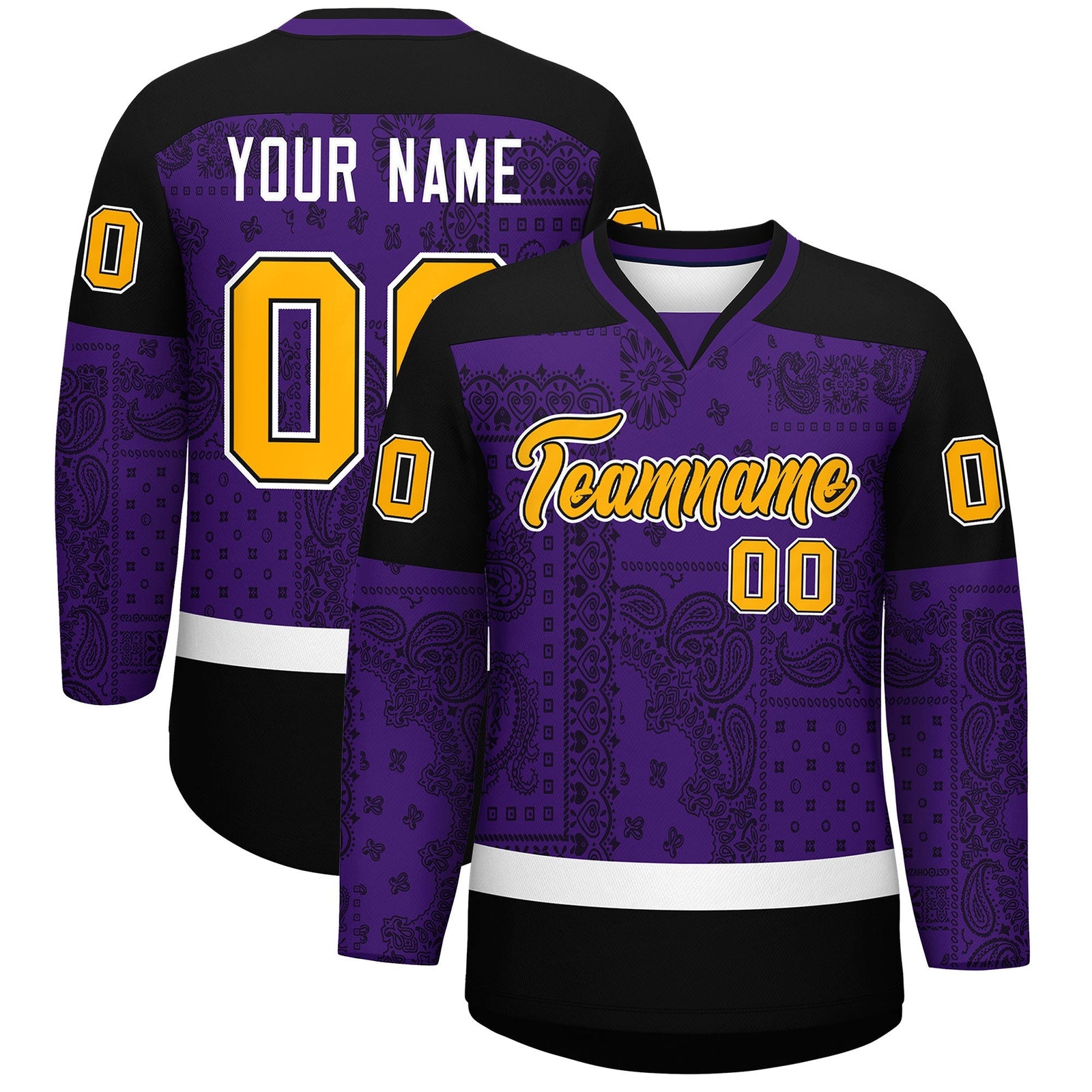 Custom Black Purple White Cashew Flower Graffiti Pattern V-Neck Hockey Jersey| KXKSHOP