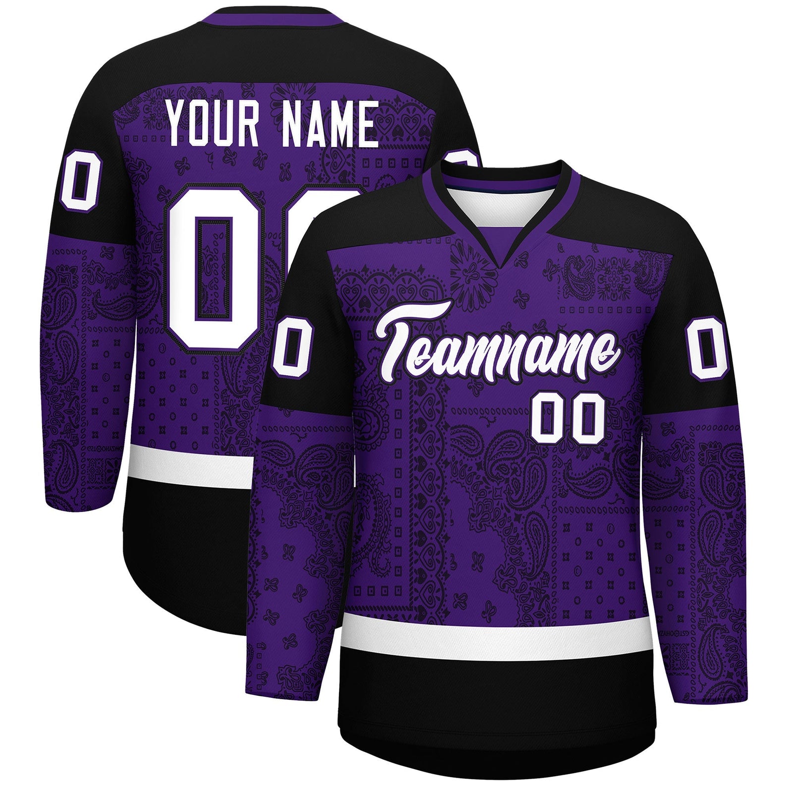 Custom Black White Purple Cashew Flower Graffiti Pattern V-Neck Hockey Jersey| KXKSHOP