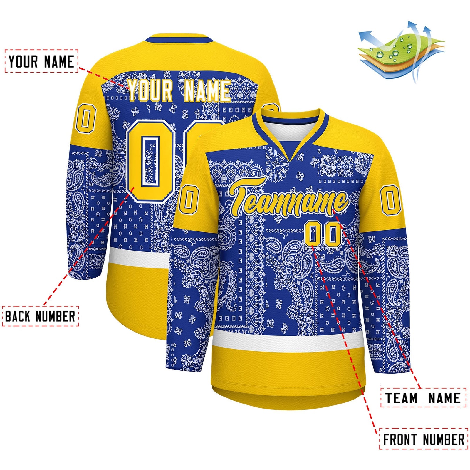 Custom Gold Royal White Cashew Flower Graffiti Pattern V-Neck Hockey Jersey| KXKSHOP