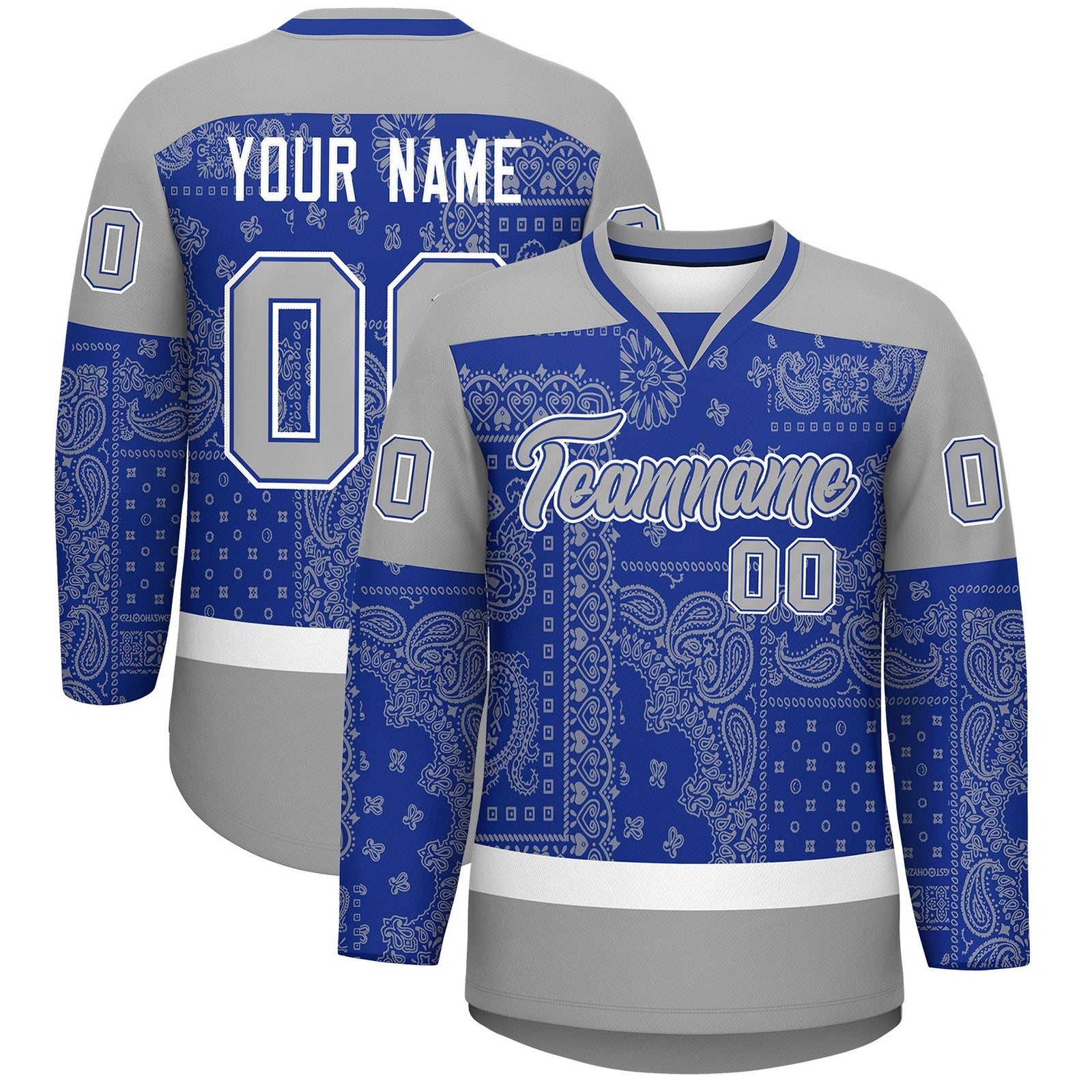 Custom Gray Royal White Cashew Flower Graffiti Pattern V-Neck Hockey Jersey| KXKSHOP