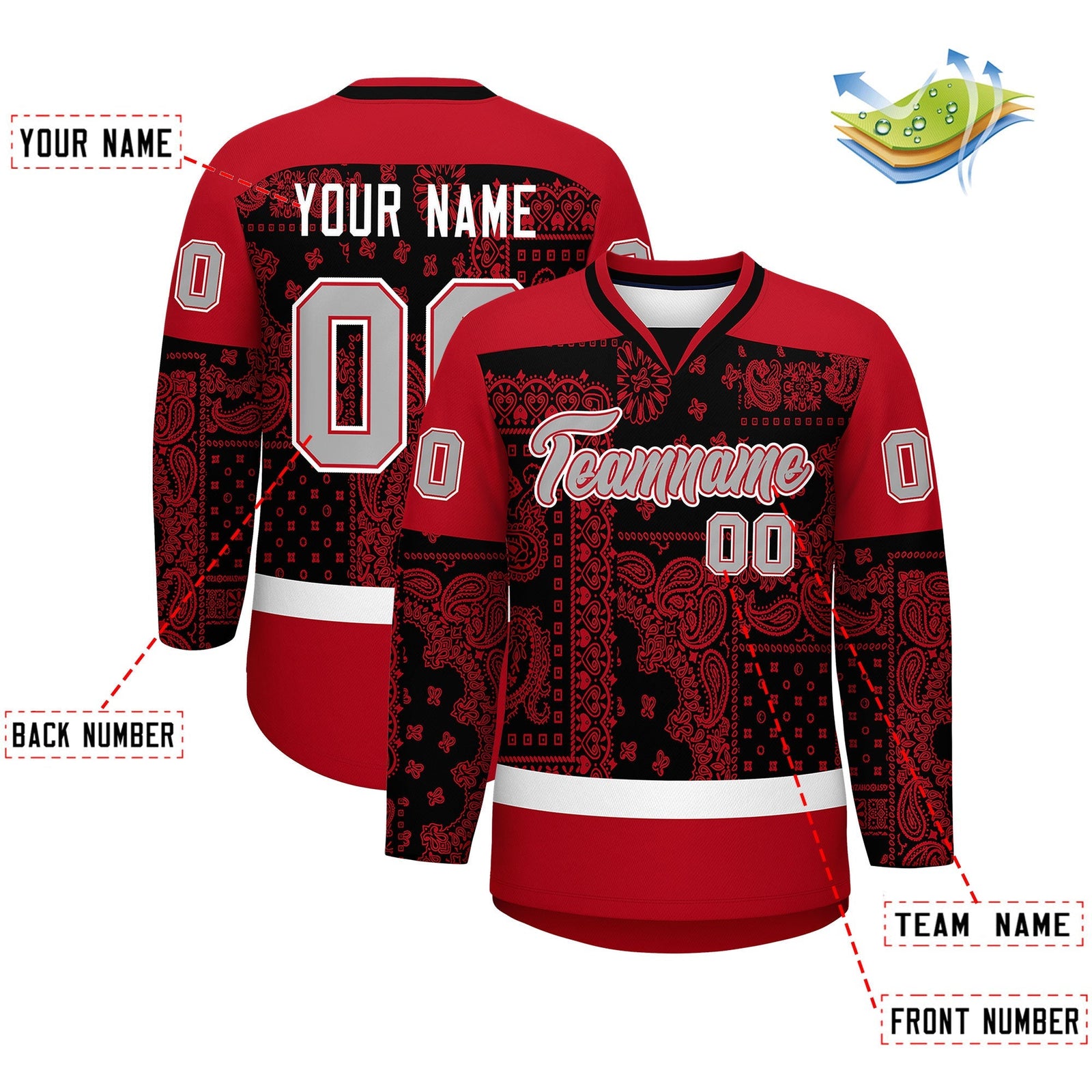 Custom Red Black White Cashew Flower Graffiti Pattern V-Neck Hockey Jersey| KXKSHOP