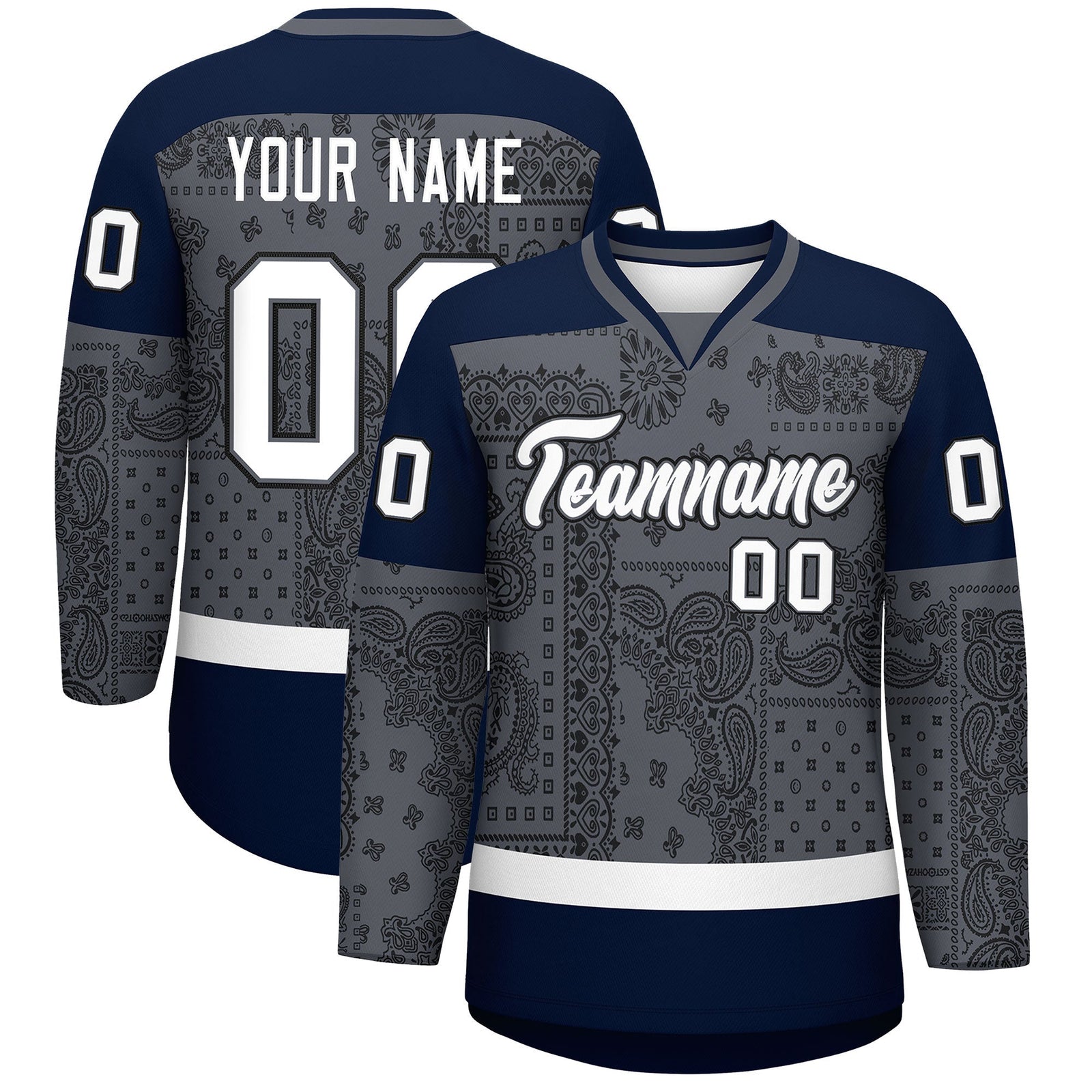 Custom Black Dark Gray White Cashew Flower Graffiti Pattern V-Neck Hockey Jersey| KXKSHOP