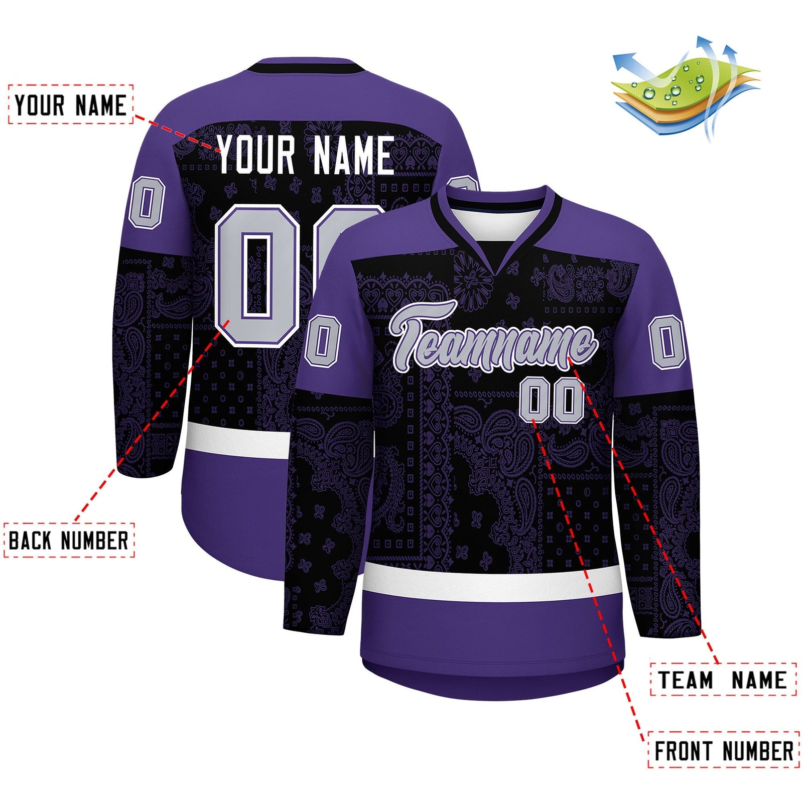 Custom Purple Black White Cashew Flower Graffiti Pattern V-Neck Hockey Jersey| KXKSHOP