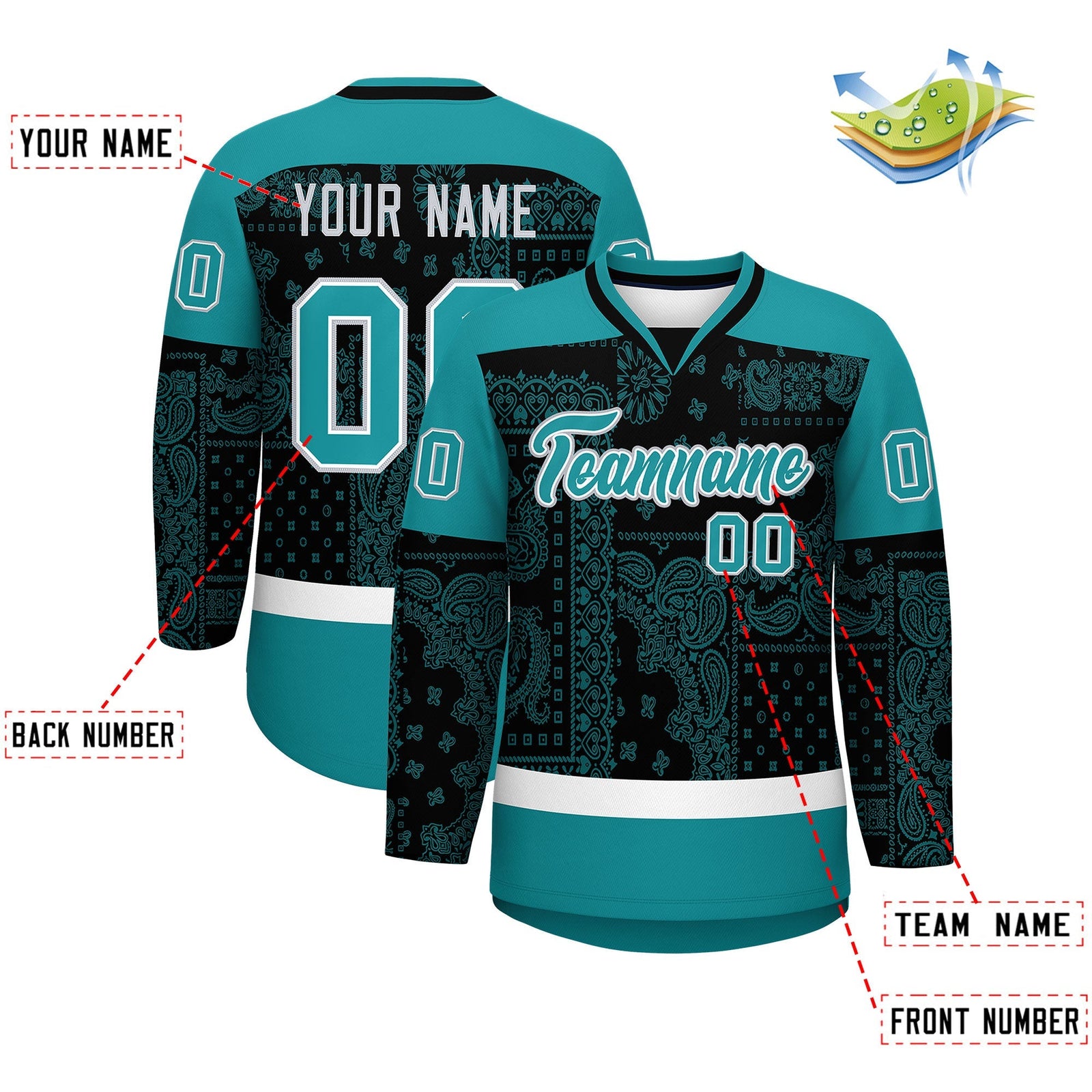 Custom Aqua Black White Cashew Flower Graffiti Pattern V-Neck Hockey Jersey| KXKSHOP