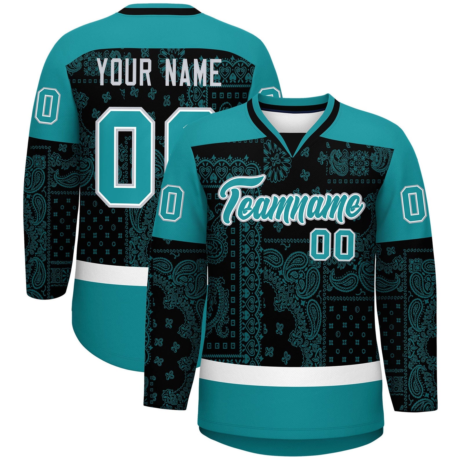 Custom Aqua Black White Cashew Flower Graffiti Pattern V-Neck Hockey Jersey| KXKSHOP
