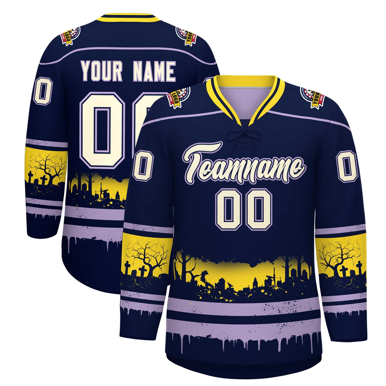 Custom Navy Light Purple Gold Gradient Fashion Halloween Stretch Fabric Hockey Jersey| KXKSHOP